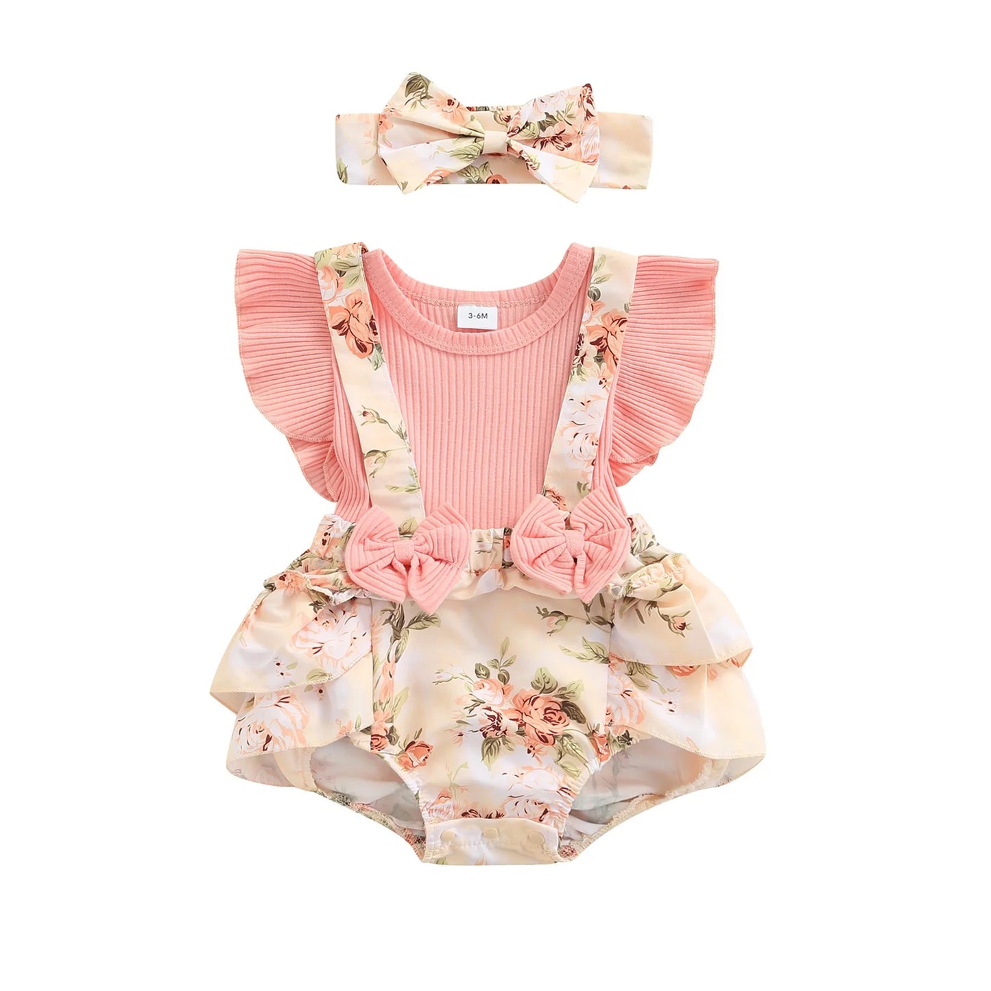 2PCS Infant Baby Girls Summer Romper Clothes Set 0 3 6 9 12 18 Months Pink Floral Printed Pattern Fly Sleeves Romper and Bow Knot Headdress
