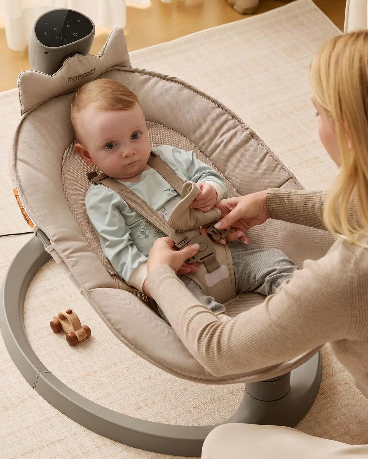 Momcozy 2-In-1 Electric Baby Swing, Dual-Arm Support System & Parent-Inspired Motions, Convertible to Toddler Seat up to 66 Lbs, Adjustable Height, Lightweight