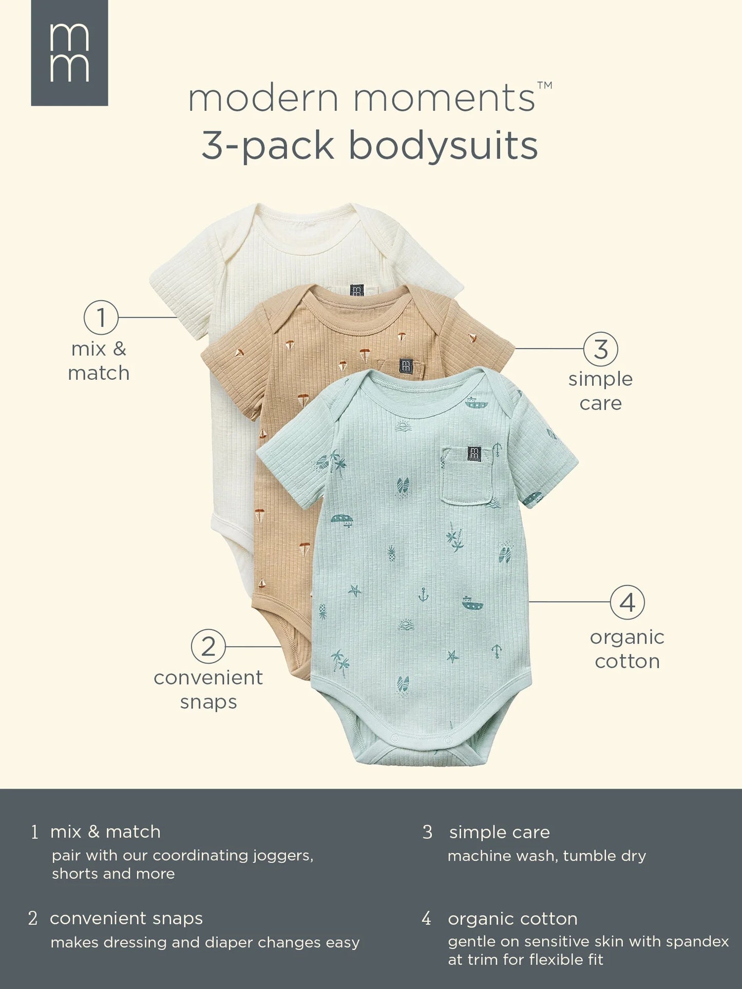 by Gerber Baby Neutral Organic 3-Pack Short Sleeve Bodysuits, 0/3 Months - 24 Months