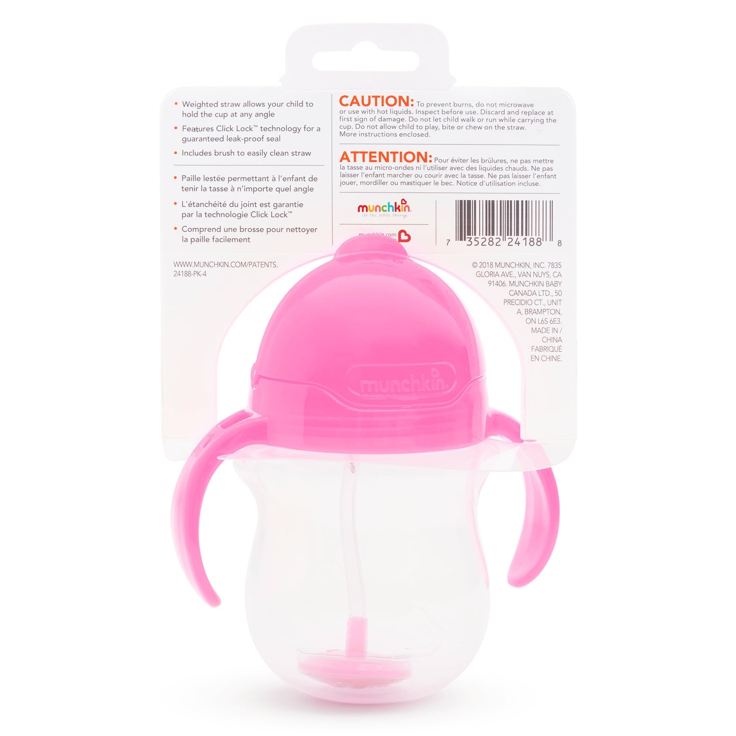 Munchkin® Any Angle™ Weighted Flexi-Straw Trainer Sippy Cup with Click Lock™ Lid, 7 Oz, Pink, Unisex