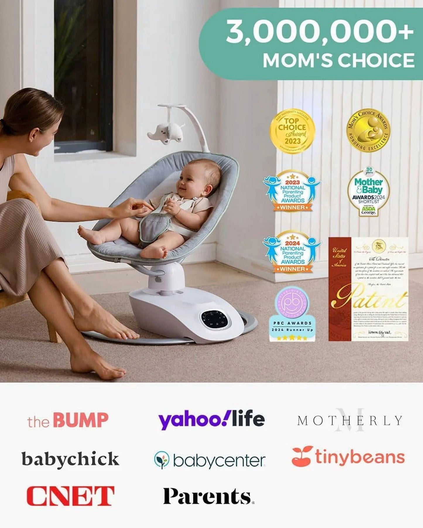 Momcozy Cocosway 3D-Motion Baby Swing for Infants to Toddlers, 6 Motion Modes & 4 Speeds, 180° Rotating Seat, 8 Preset Lullabies