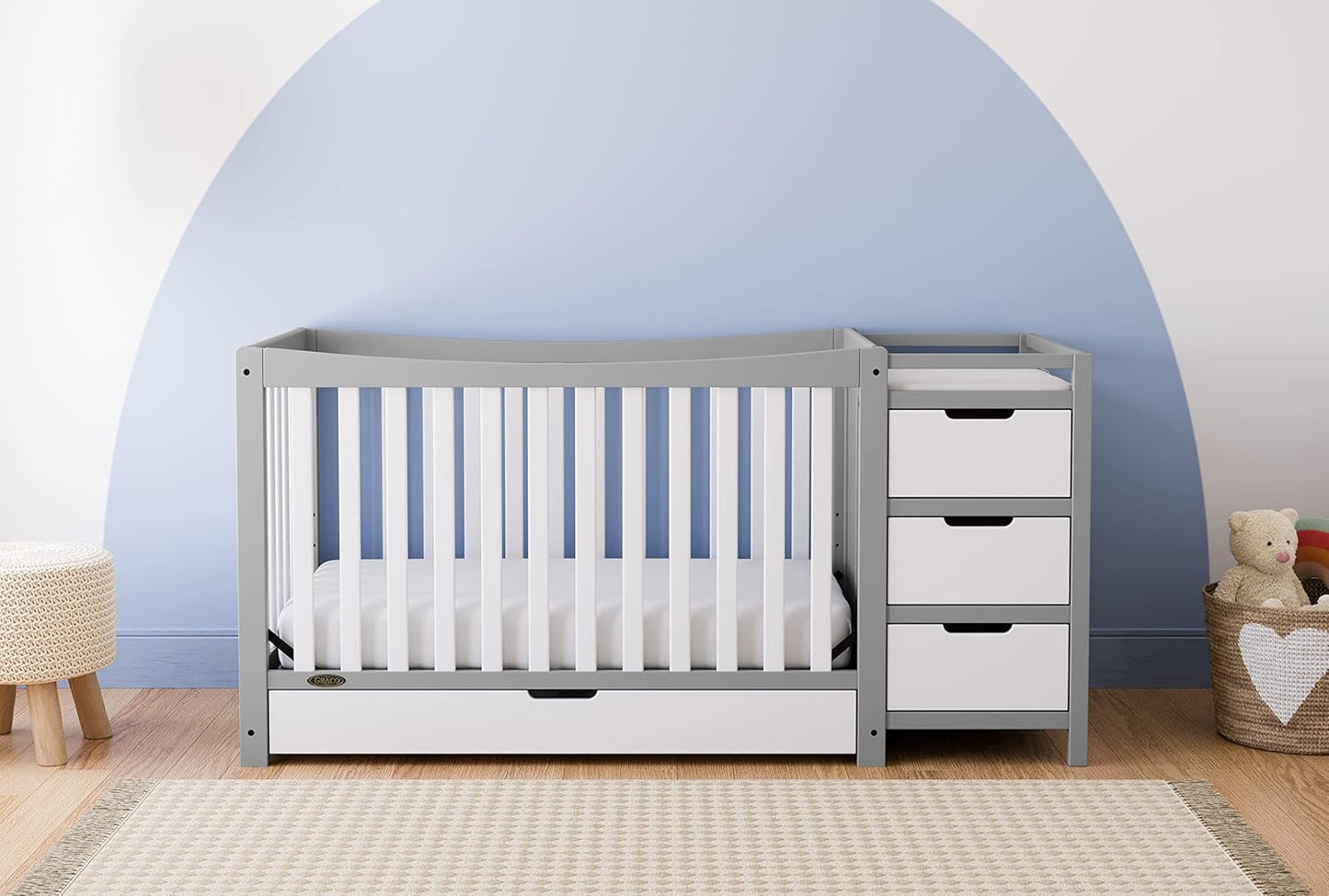Graco Remi 4-In-1 Convertible Crib & Changer with Drawer (Pebble Gray & White) – GREENGUARD Gold Certified, Crib and Changing-Table Combo, Includes Changing Pad, Converts to Toddler Bed, Full-Size Bed