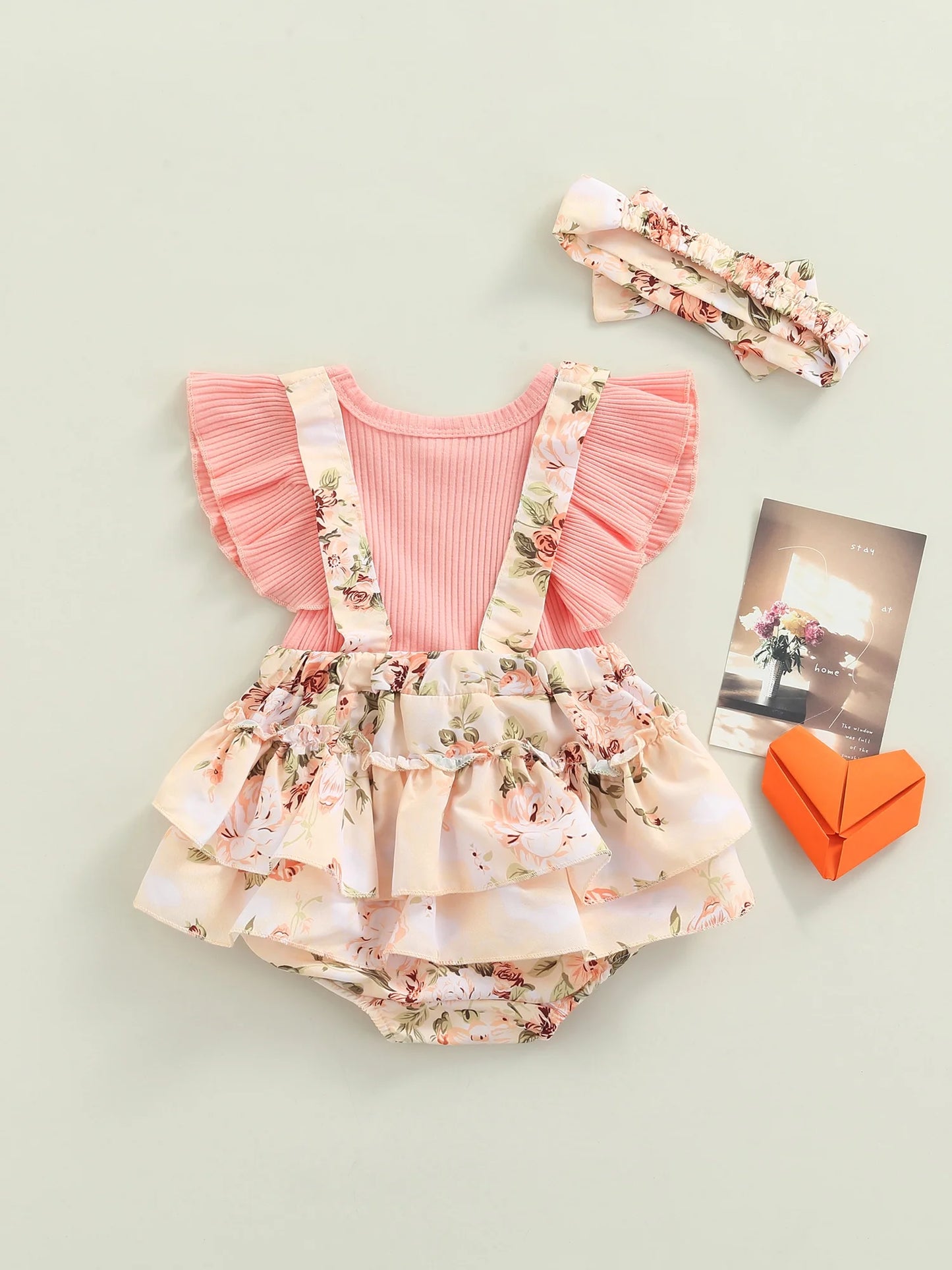 2PCS Infant Baby Girls Summer Romper Clothes Set 0 3 6 9 12 18 Months Pink Floral Printed Pattern Fly Sleeves Romper and Bow Knot Headdress