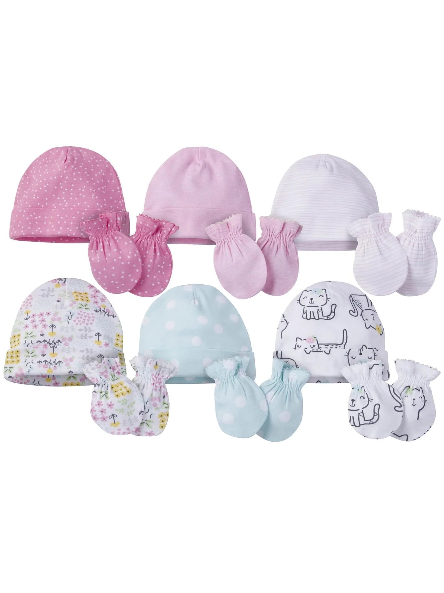 12-Piece Baby Girls Cats Caps and Mitten Set