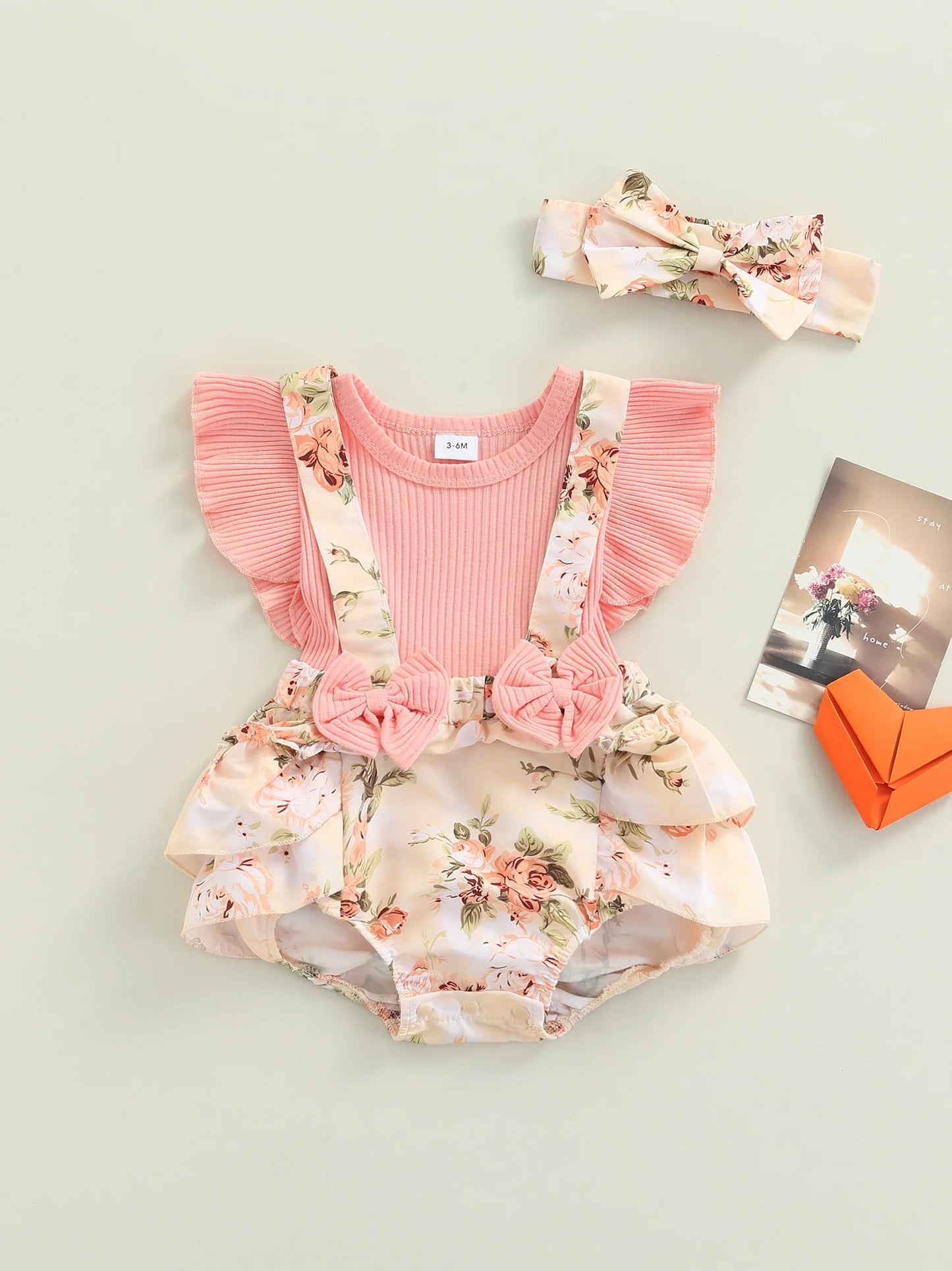 2PCS Infant Baby Girls Summer Romper Clothes Set 0 3 6 9 12 18 Months Pink Floral Printed Pattern Fly Sleeves Romper and Bow Knot Headdress