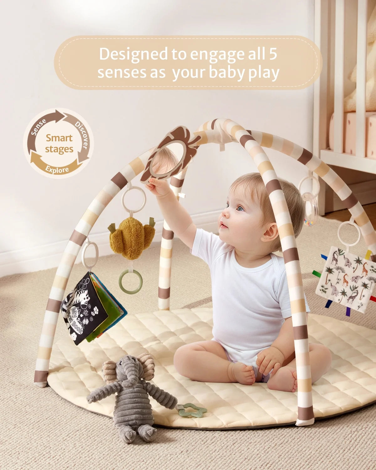 Baby Play Gym Activity Mat, Tummy Time Mat Play Mat with 6 Sensory Toys for Motor Skill Development, Newborn Infant Baby Essentials Gift for Boys Girls, Oatmeal Beige