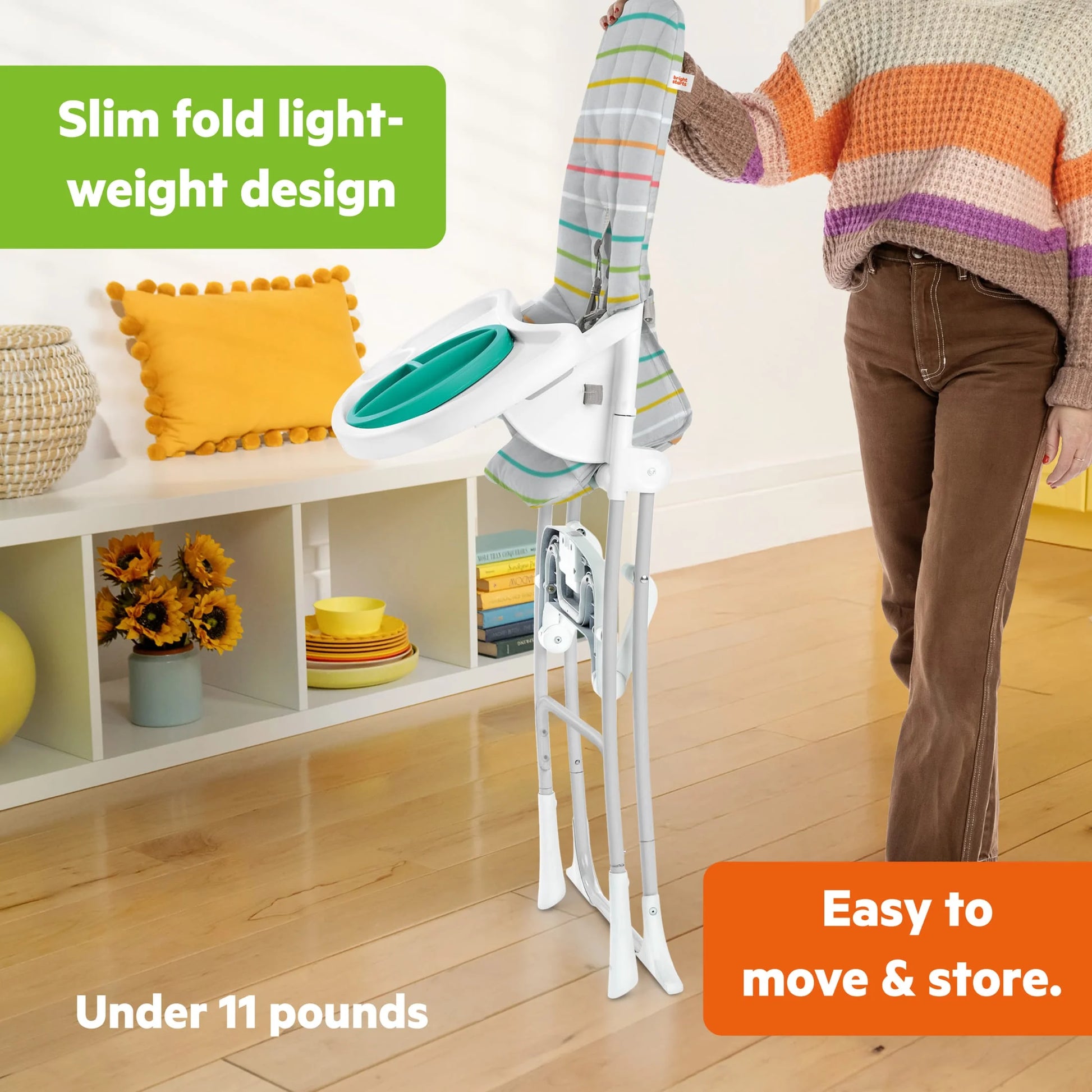 Bright Starts Dine Delight Compact Folding High Chair with 3-Section Plate, Unisex, Infant to Toddler