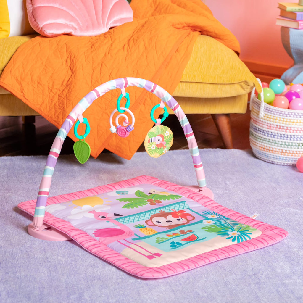 Pink Palms Tiki Toy Bar Baby Activity Gym & Tummy Time Mat with Toy Bar and 3 Toys, Newborn to 3 Years