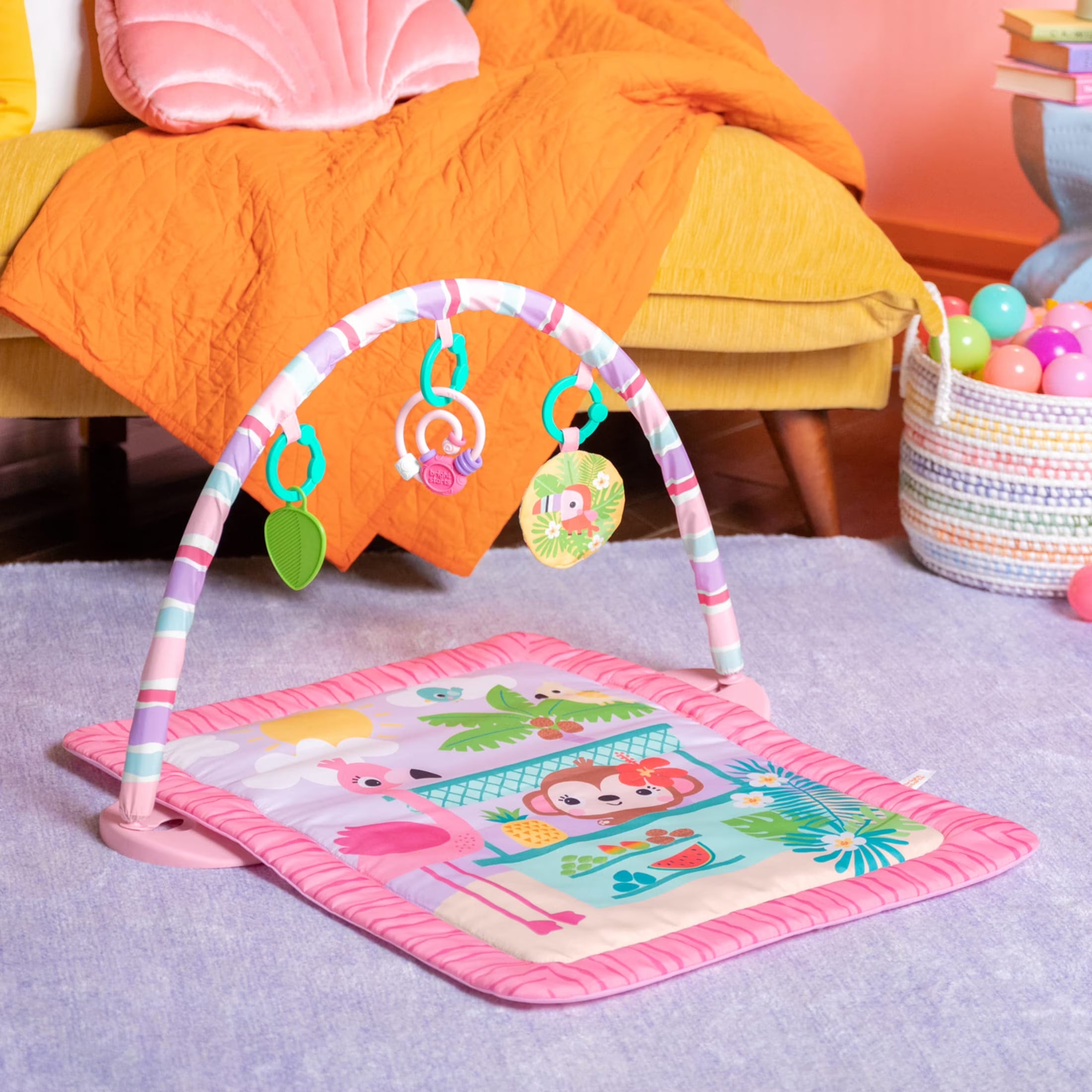 Pink Palms Tiki Toy Bar Baby Activity Gym & Tummy Time Mat with Toy Bar and 3 Toys, Newborn to 3 Years