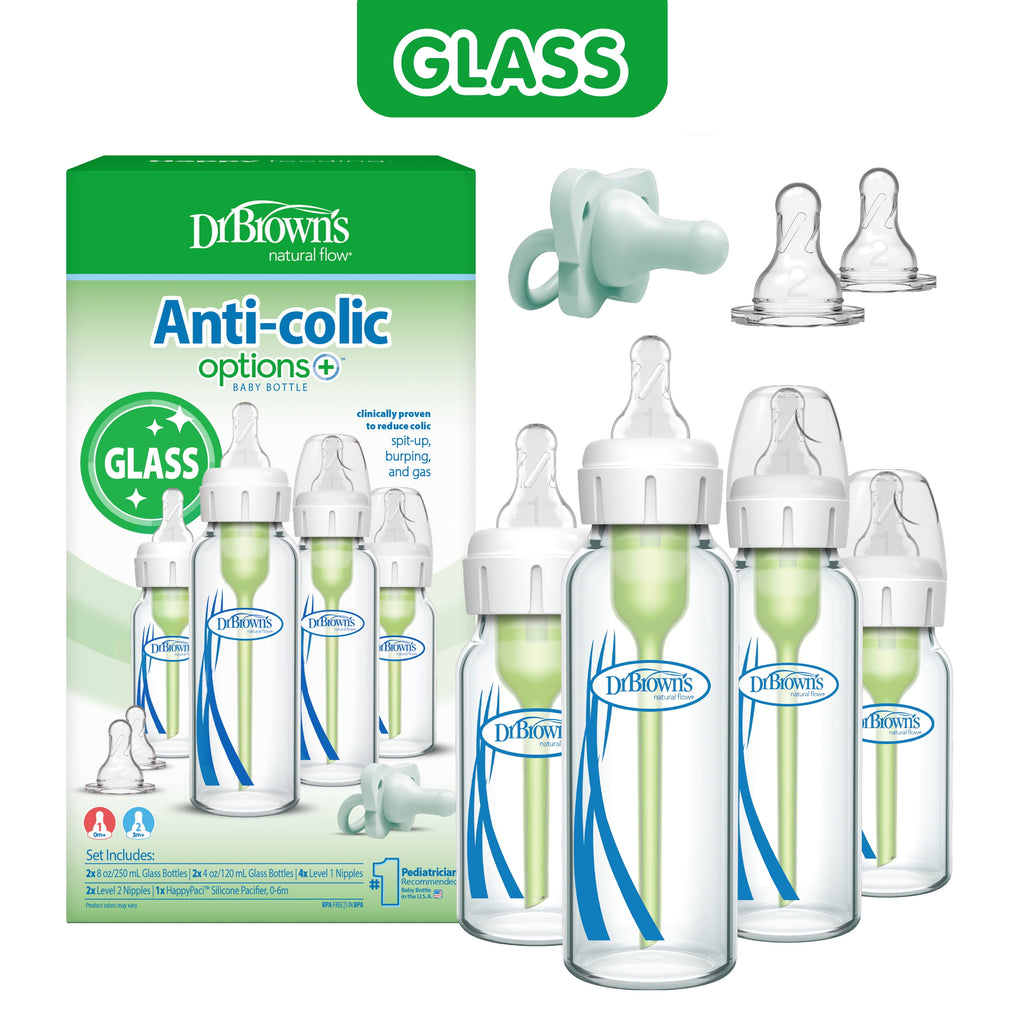 Anti-Colic Options+ Narrow Glass Bottle Starter Set, 4 Oz / 8 Oz Bottles, Level 1 and 2 Nipples, and Happypaci Pacifier