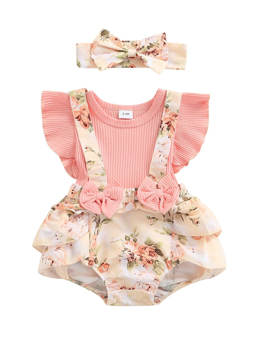 2PCS Infant Baby Girls Summer Romper Clothes Set 0 3 6 9 12 18 Months Pink Floral Printed Pattern Fly Sleeves Romper and Bow Knot Headdress
