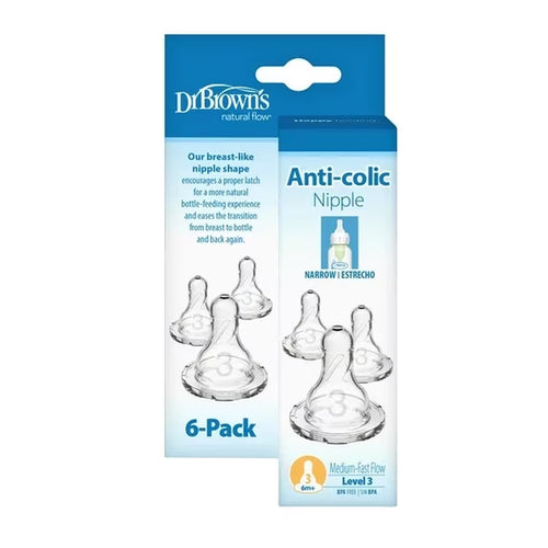 (3 Pack)  Natural Flow Level 3, Narrow Baby Bottle Nipple, Medium-Fast Flow, 6M+, 100% Silicone, 6 Pack