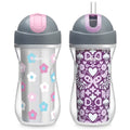 9Oz. Flip-Top Straw Trainer with Soft Silicone Straw and Double-Wall Insulation, 12M+, 2-Pack - Floral/Purple, New