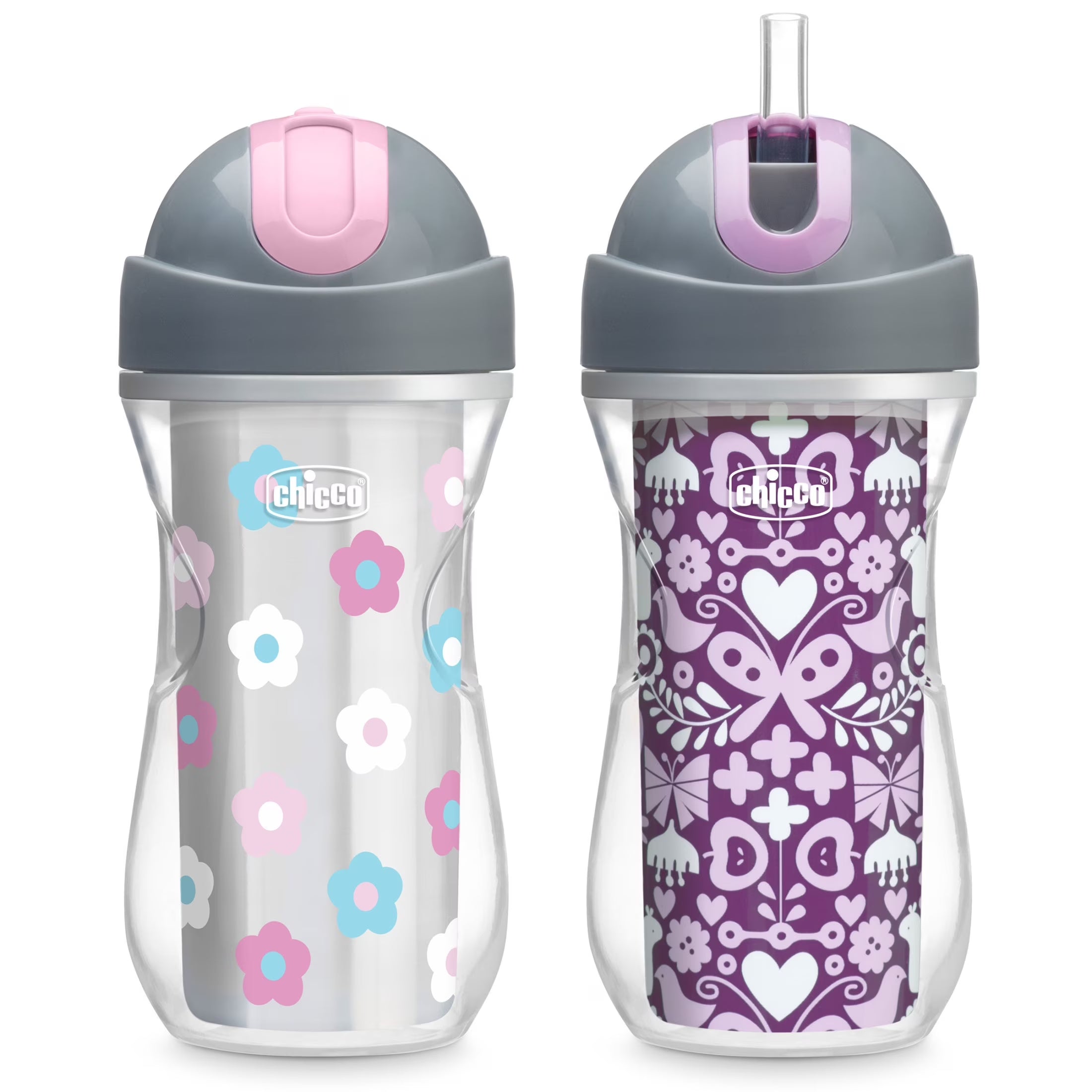 9Oz. Flip-Top Straw Trainer with Soft Silicone Straw and Double-Wall Insulation, 12M+, 2-Pack - Floral/Purple, New