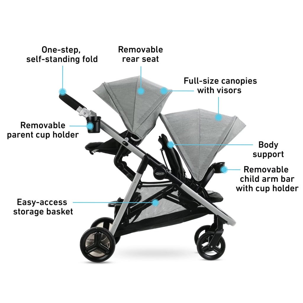 Ready2Grow LX 2.0 Double Stroller Features Bench Seat and Standing Platform Options, Clark, Grey