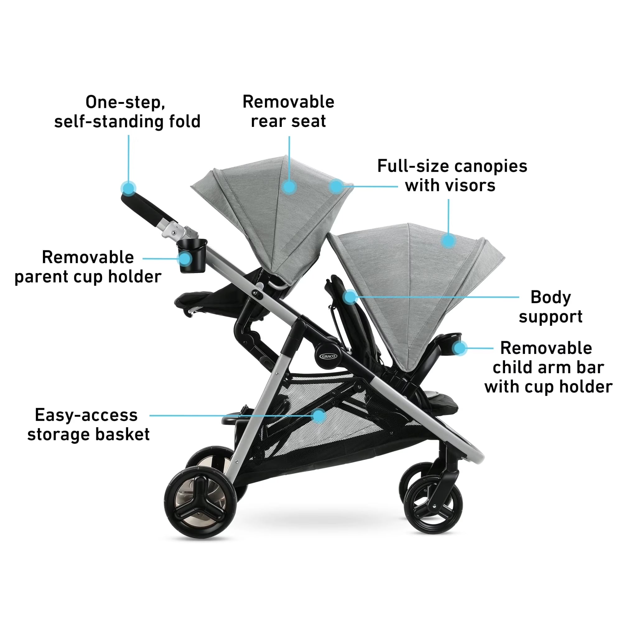 Ready2Grow LX 2.0 Double Stroller Features Bench Seat and Standing Platform Options, Clark, Grey