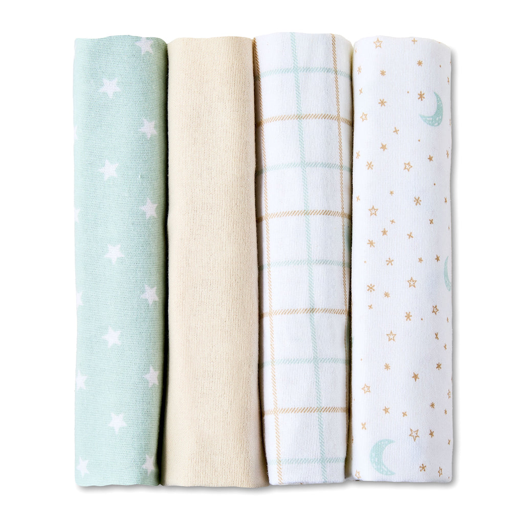 Star and Moon Cotton Flannel Receiving Blankets, 4 Pack