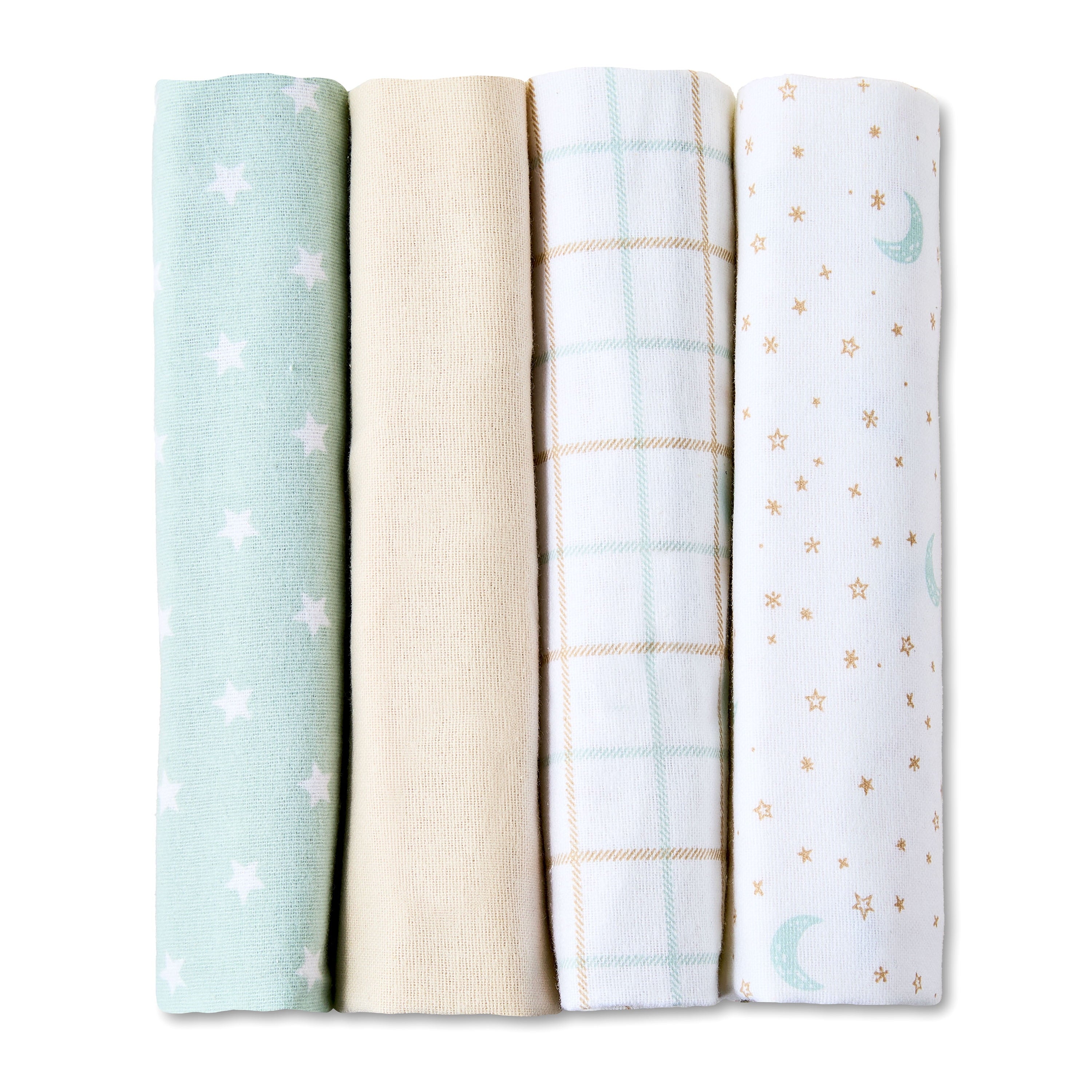 Star and Moon Cotton Flannel Receiving Blankets, 4 Pack