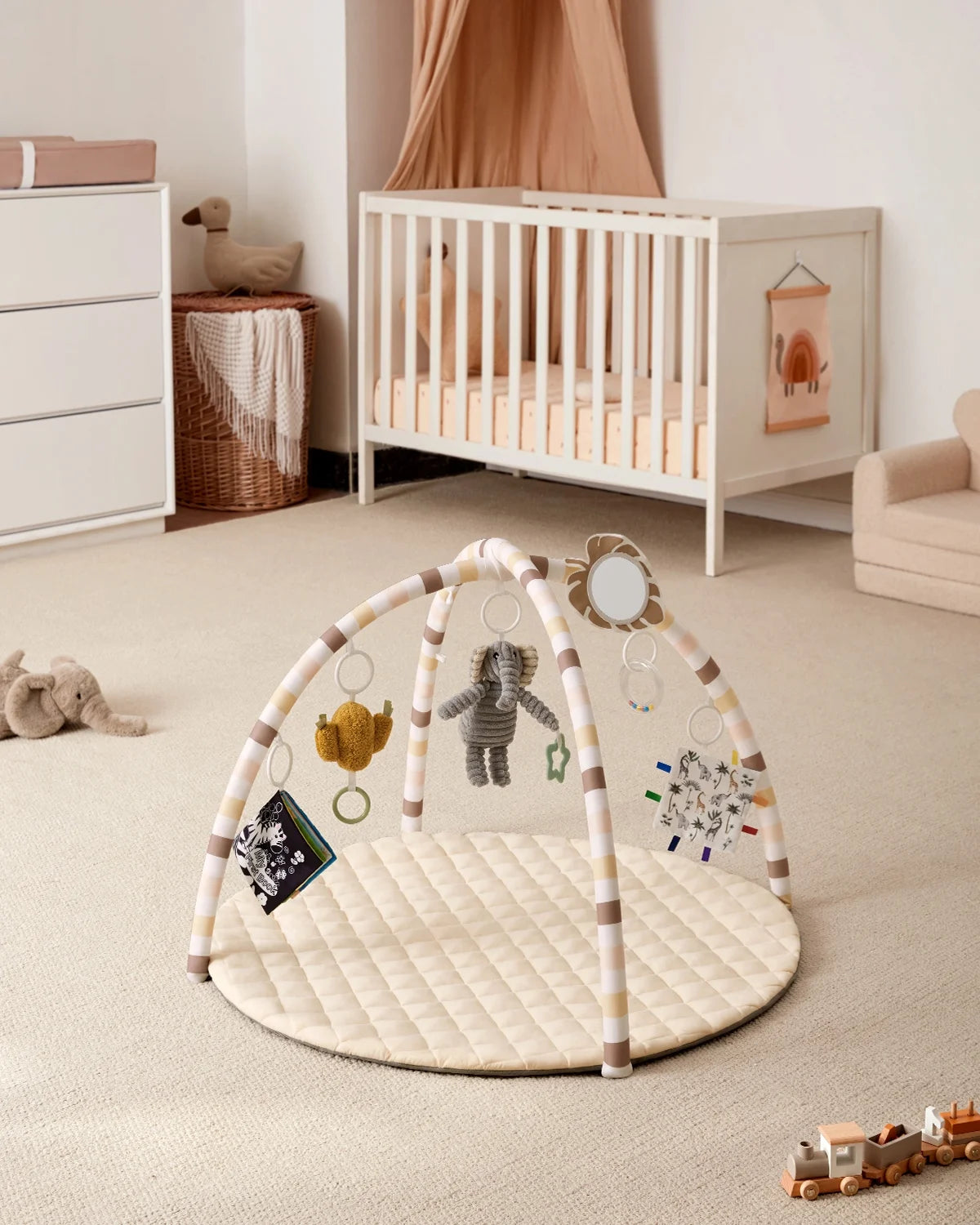Baby Play Gym Activity Mat, Tummy Time Mat Play Mat with 6 Sensory Toys for Motor Skill Development, Newborn Infant Baby Essentials Gift for Boys Girls, Oatmeal Beige