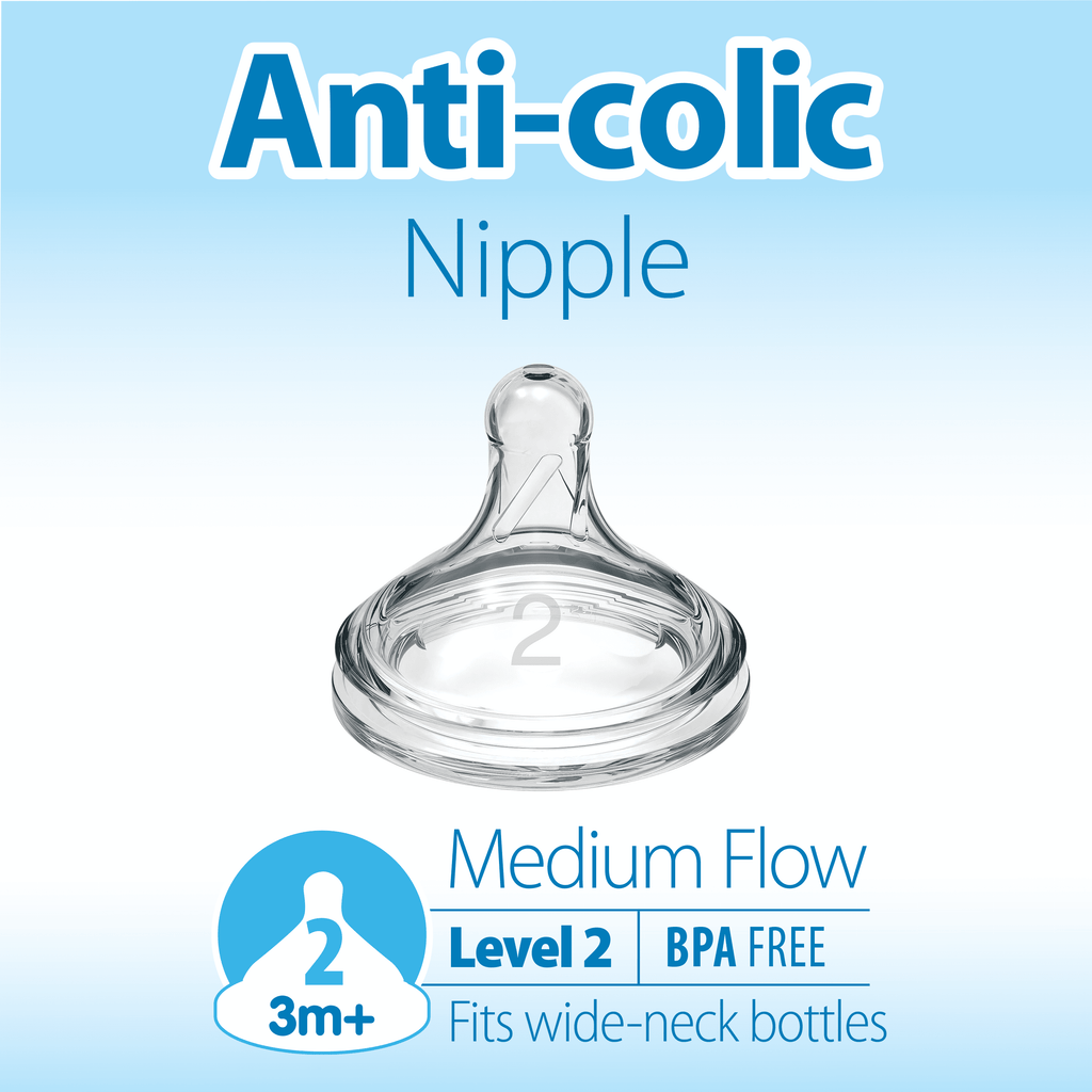 Natural Flow Level 2, Wide-Neck Baby Bottle Nipple, Medium Flow, 3M+, 100% Silicone, 2 Pack