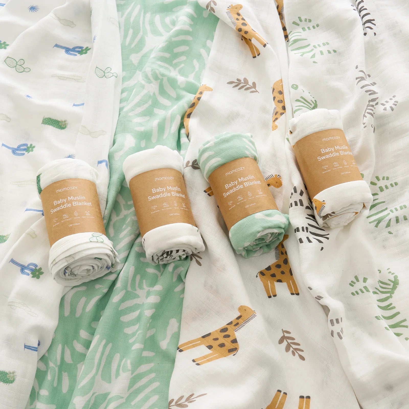 Momcozy Muslin Swaddle Blankets, 4 Pack, Breathable 2-Layer Gauze Large 47'' X 47'' Baby Swaddling Receiving Blanket for Newborn Boys Girls, Bravery