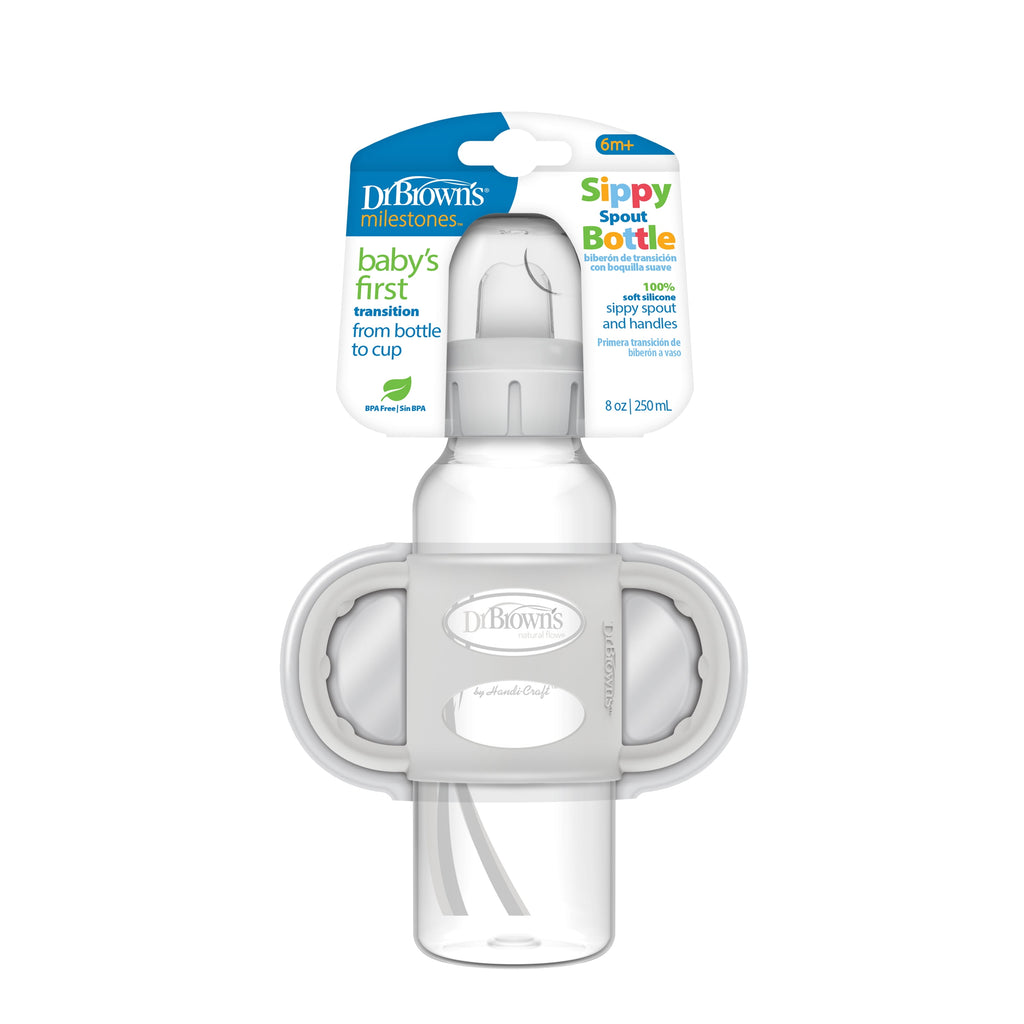 Milestones Narrow Sippy Spout Bottle, 100% Silicone Handles, 8Oz/250Ml, 6M+, BPA Free, Gray