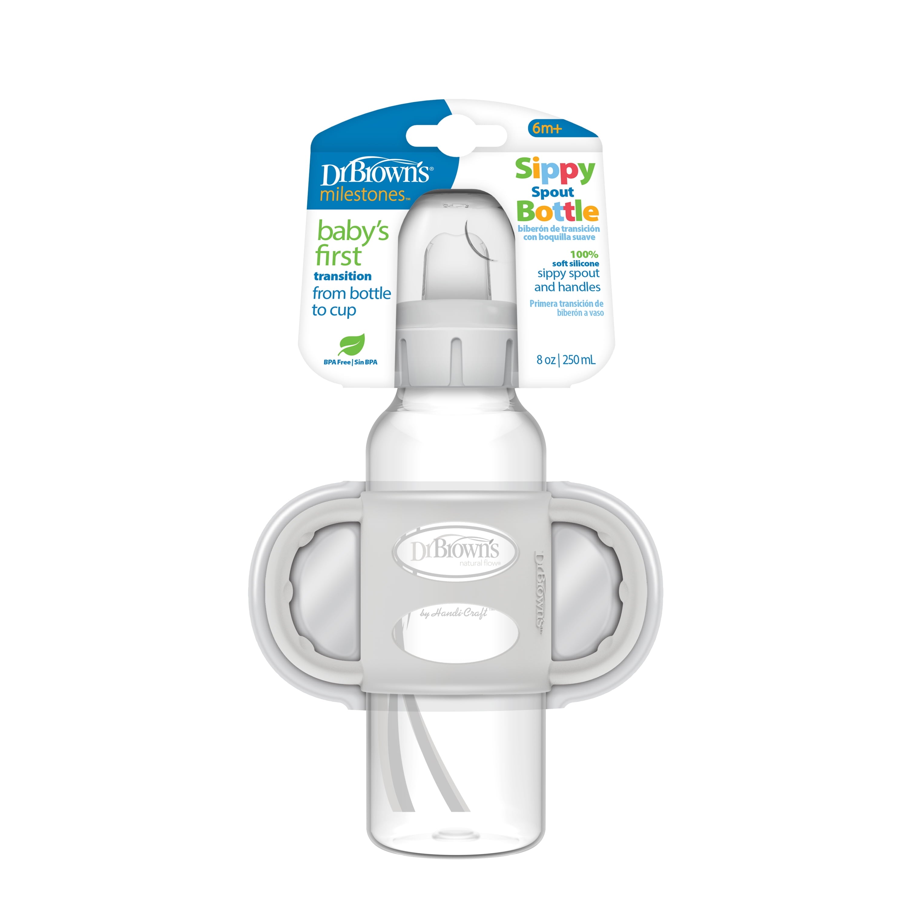 Milestones Narrow Sippy Spout Bottle, 100% Silicone Handles, 8Oz/250Ml, 6M+, BPA Free, Gray