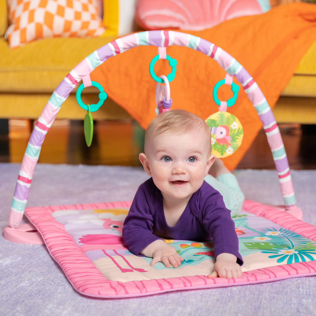 Pink Palms Tiki Toy Bar Baby Activity Gym & Tummy Time Mat with Toy Bar and 3 Toys, Newborn to 3 Years