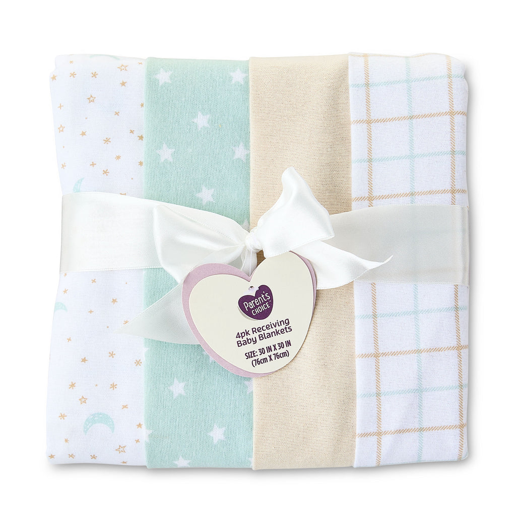 Star and Moon Cotton Flannel Receiving Blankets, 4 Pack