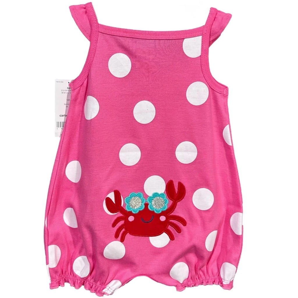 Baby Girls Cotton Romper One-Piece Outfit Size 6M Pink Polka Dot Crab