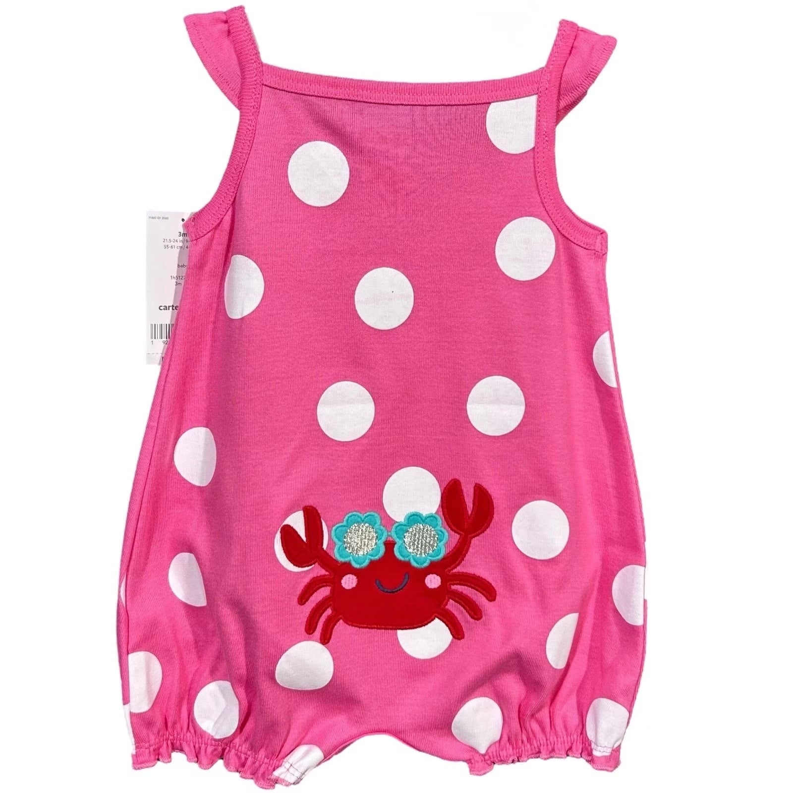 Baby Girls Cotton Romper One-Piece Outfit Size 6M Pink Polka Dot Crab