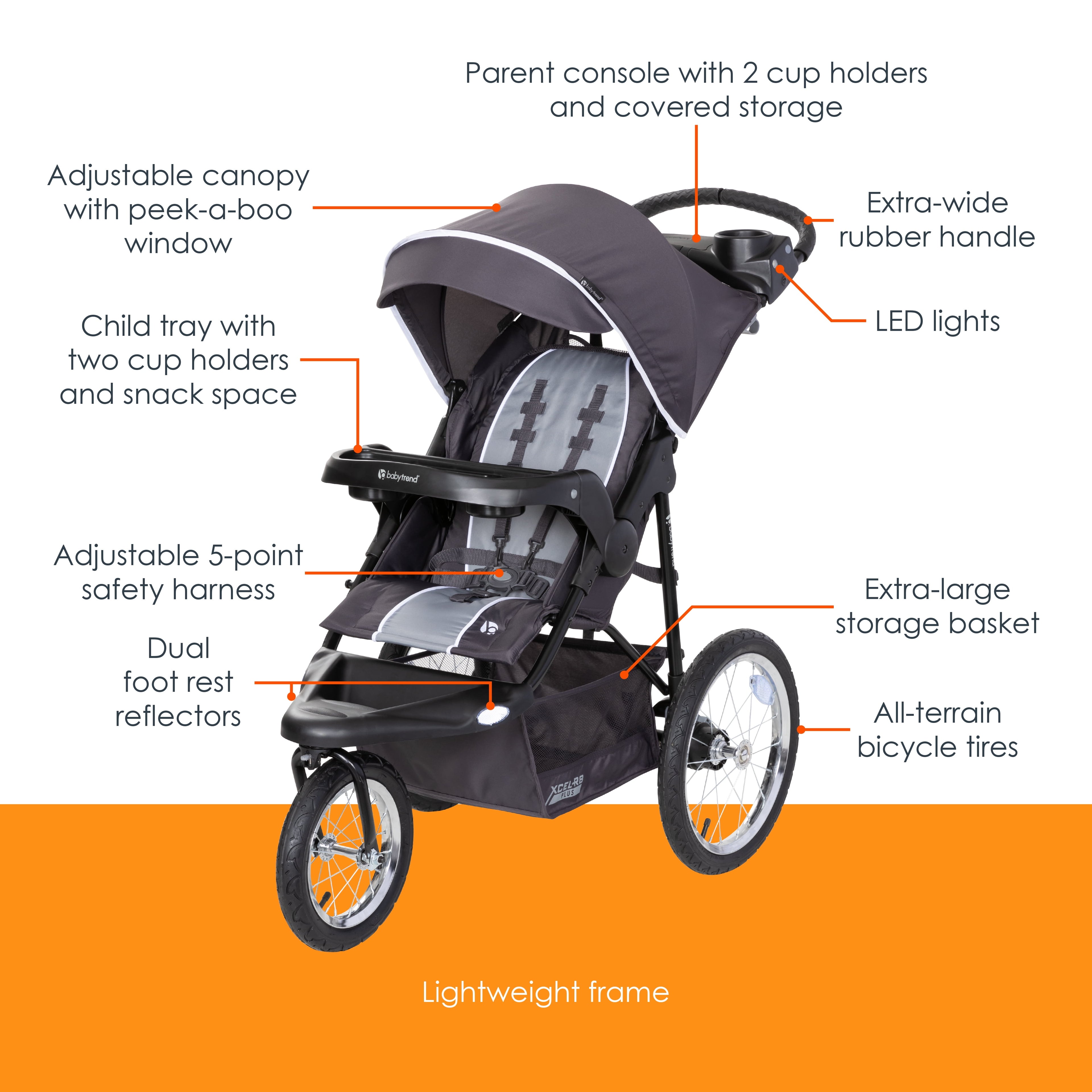 Baby Trend Xcel-R8 plus Jogging Stroller with LED Lights, Liberty Grey