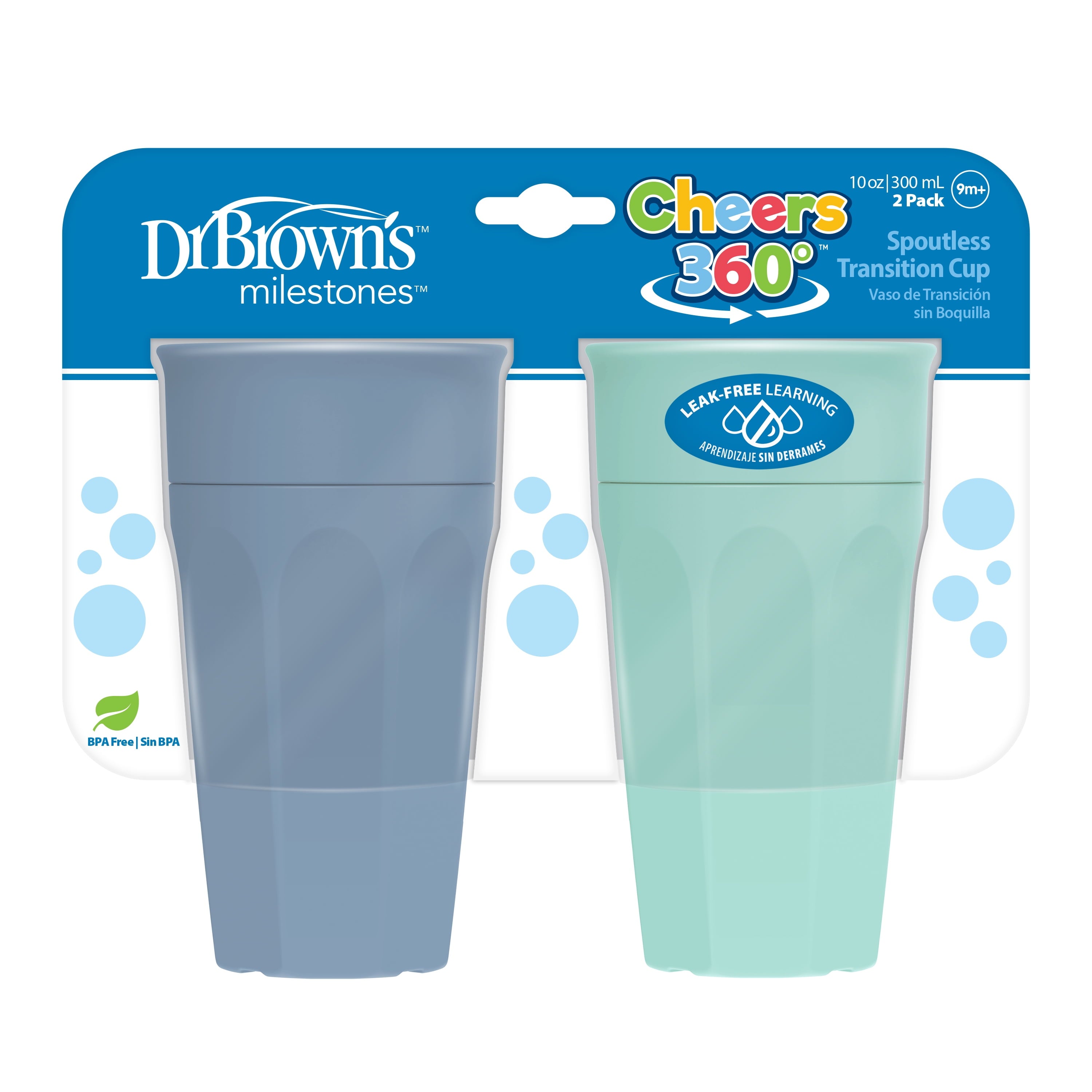 Milestones Cheers 360 Training Cup for Toddler/Baby, Leak-Free, Blue/Aqua, 10 Oz, 9M+, 2-Pack