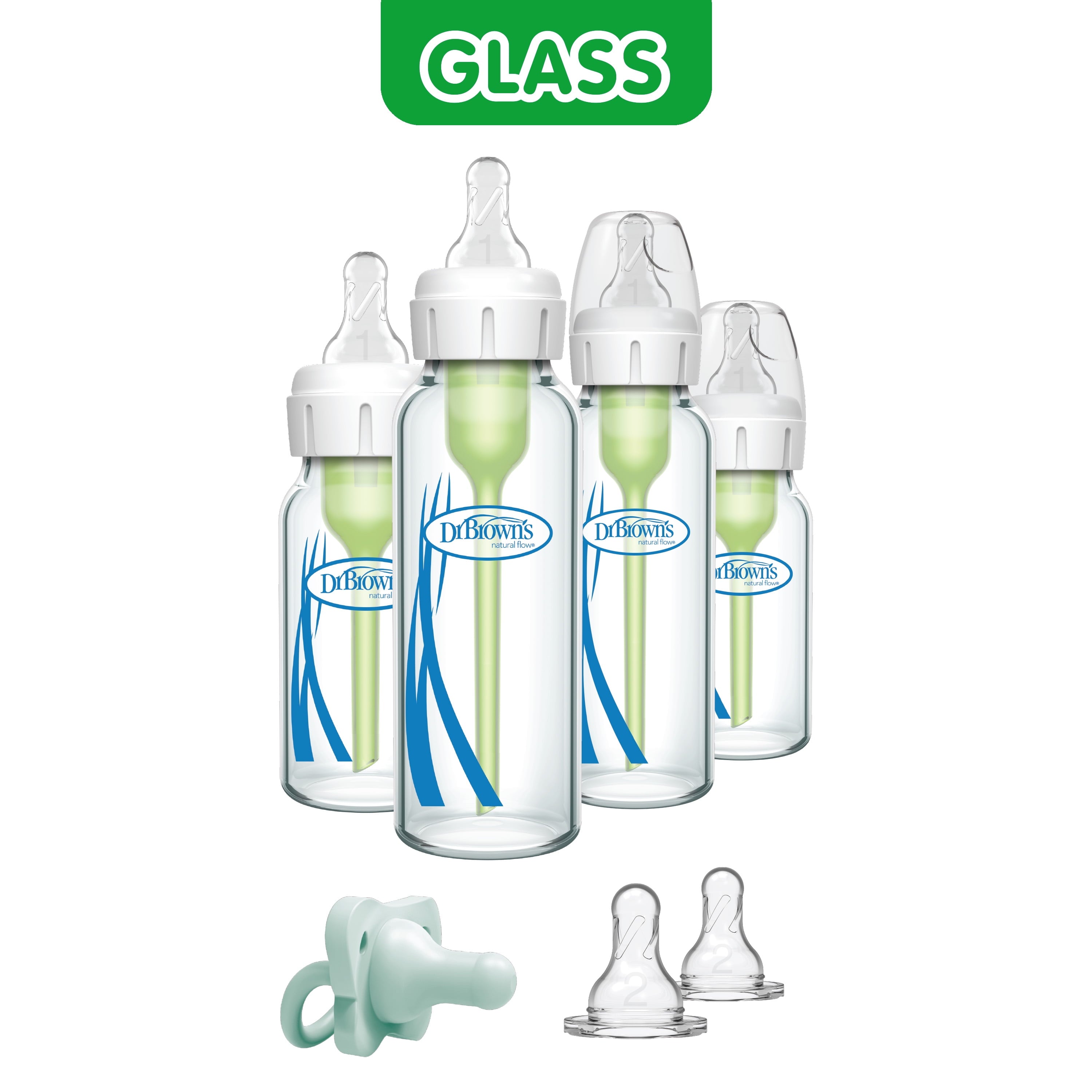 Anti-Colic Options+ Narrow Glass Bottle Starter Set, 4 Oz / 8 Oz Bottles, Level 1 and 2 Nipples, and Happypaci Pacifier
