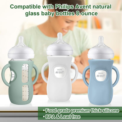 Silicone Sleeves with Handles for Avent Natural Glass Baby Bottle - 3 Pack anti Breakage Baby Bottles Holder, Compatible with Philips Avent anti Colic Baby Bottles 8 Oz