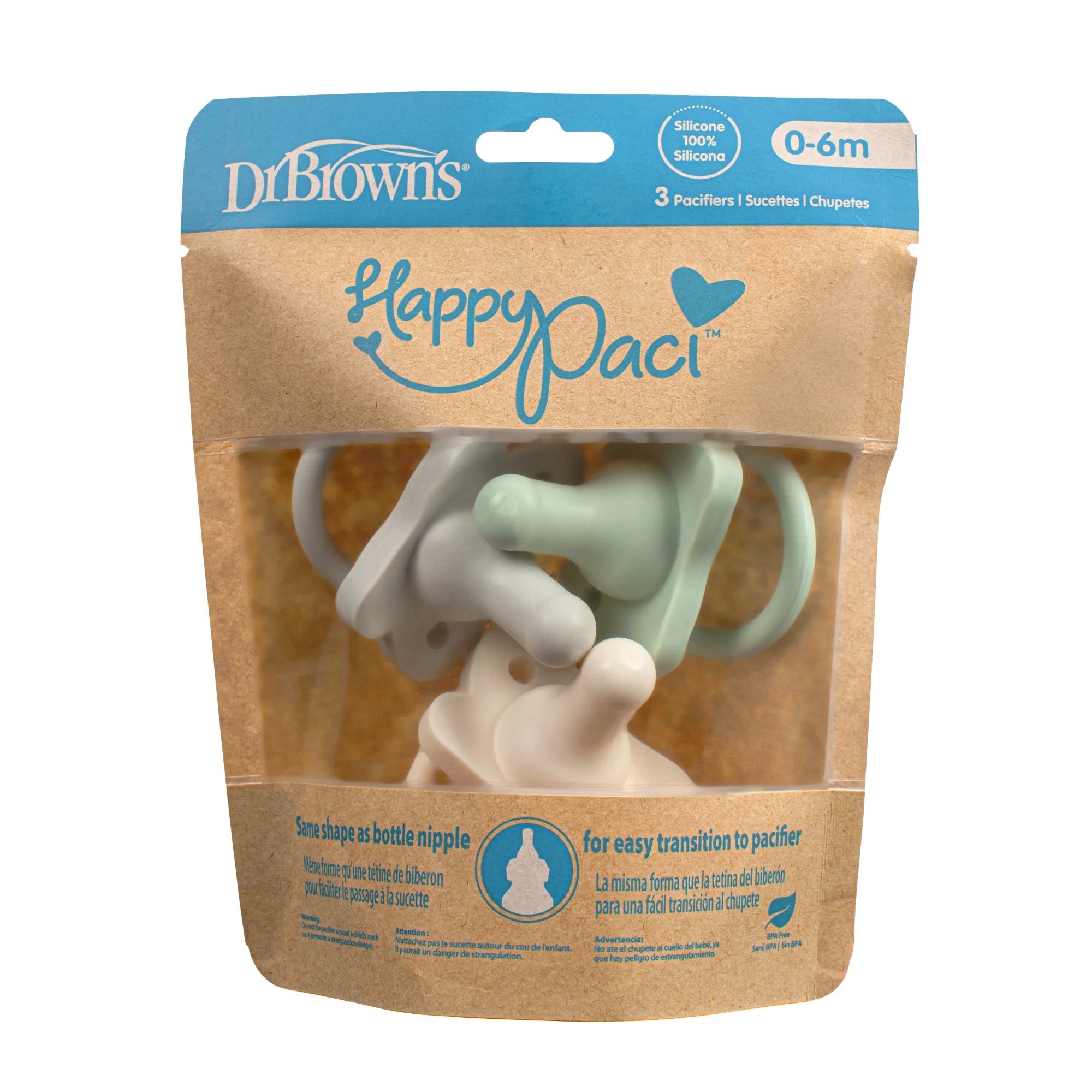 Happypaci 100% Silicone Pacifier 0-6M, BPA Free, Cool Gray, Green, Ecru, 3 Pack