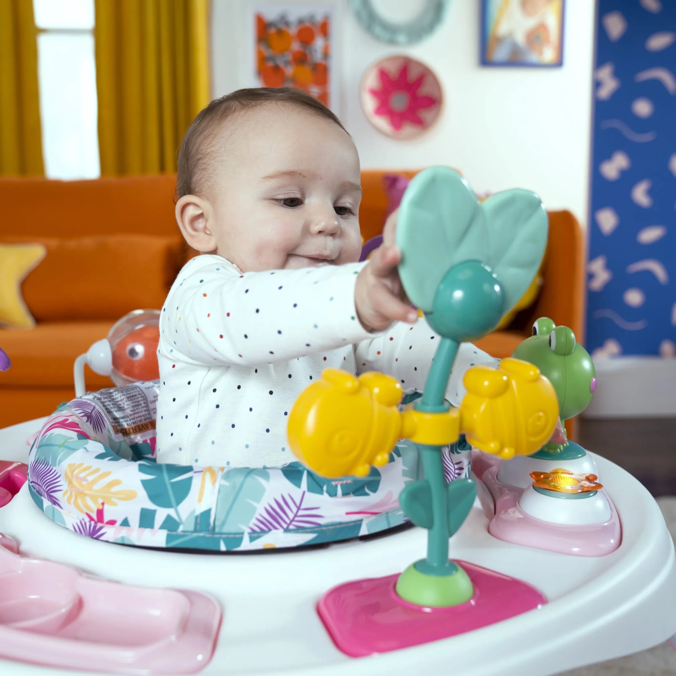 Bounce Bounce Baby 2-In-1 Activity Center Jumper & Table - Playful Palms Pink, 6 Months and Up