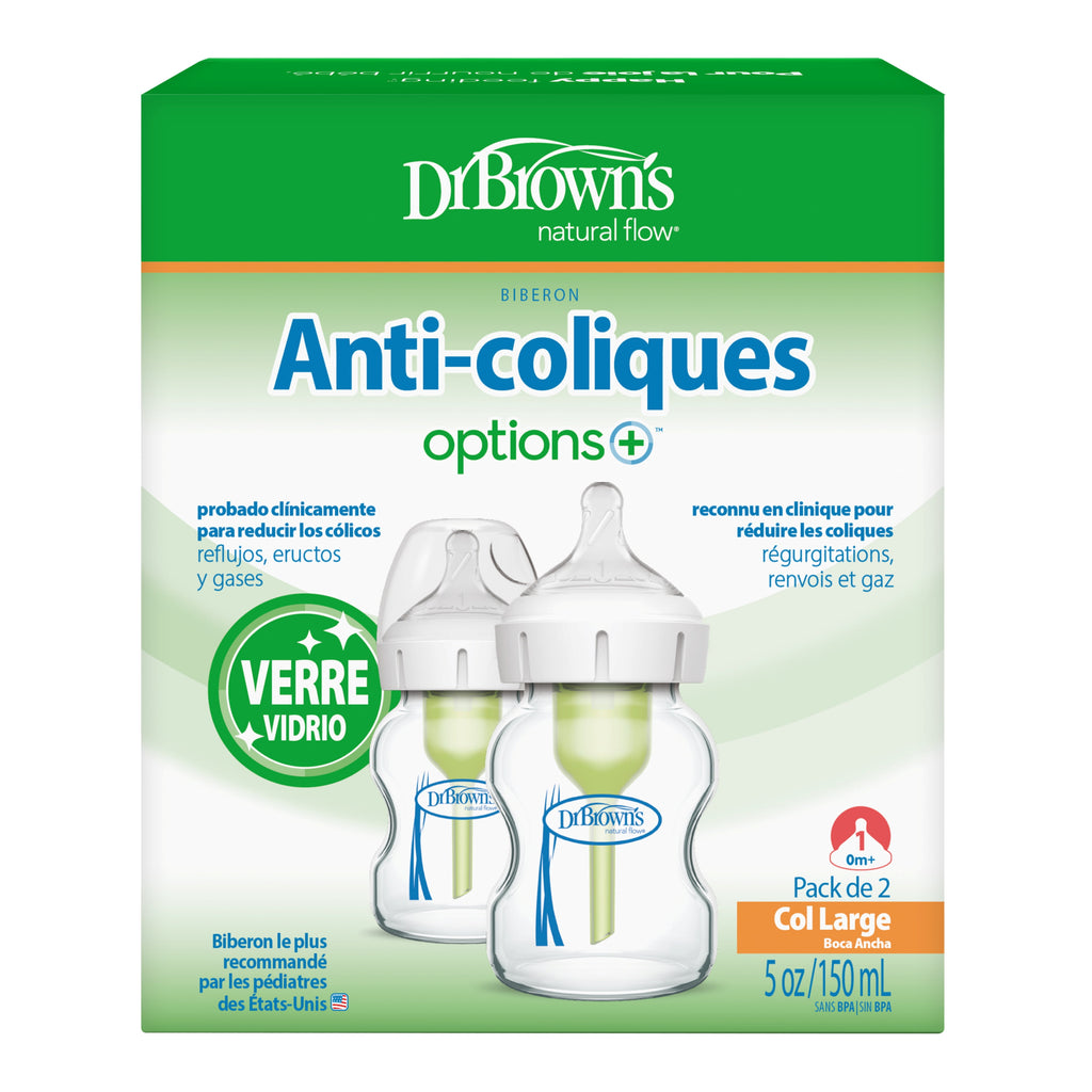 Anti-Colic Options+ Wide-Neck Glass Baby Bottle, 5Oz, Slow Flow Nipple, BPA Free, 0M+, 2-Pack
