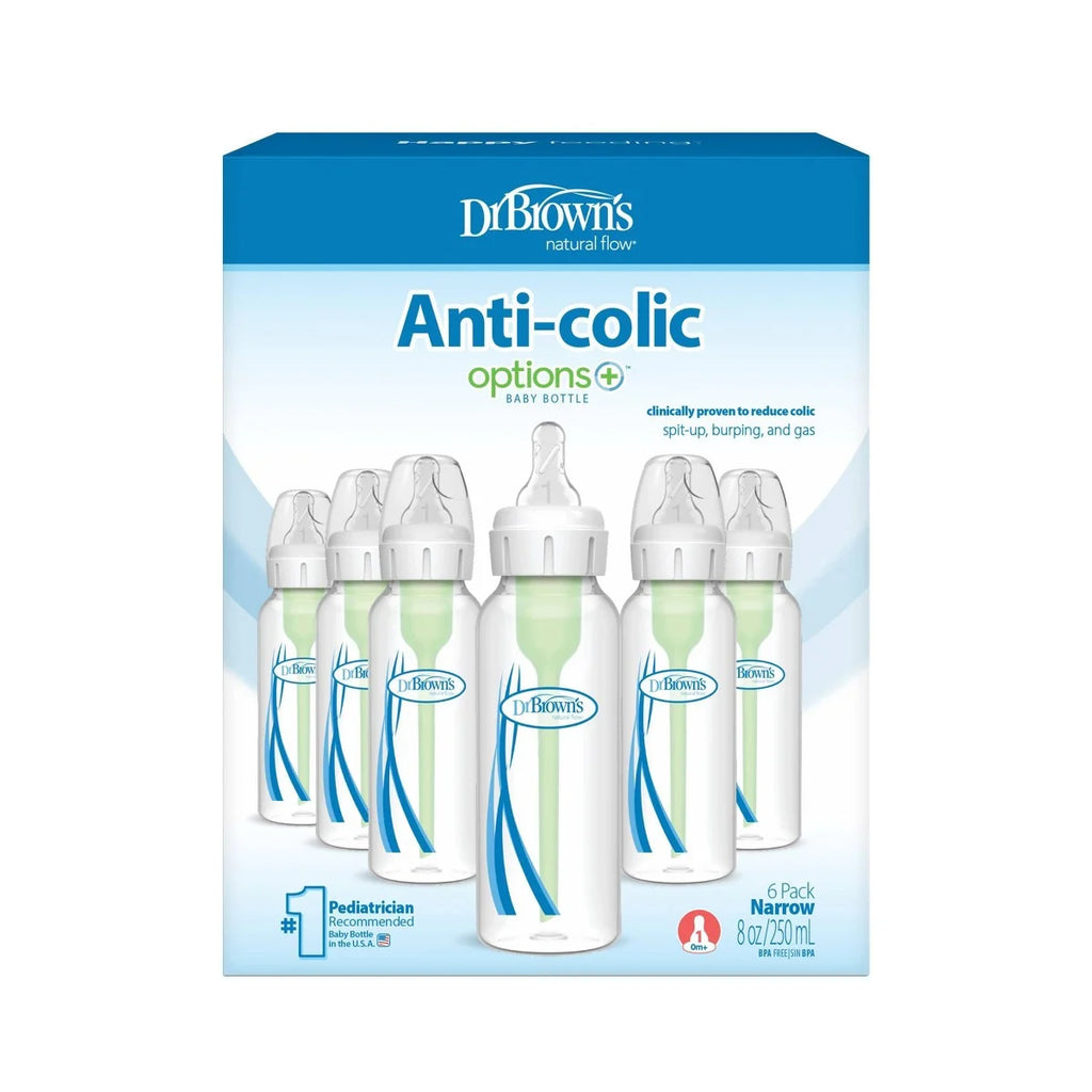 Dr. Brown'S 8 Fl Oz Options+ Narrow Anti-Colic Baby Bottle - 6Pk: Bpa-Free, Silicone Nipple, Level 1 Slow Flow