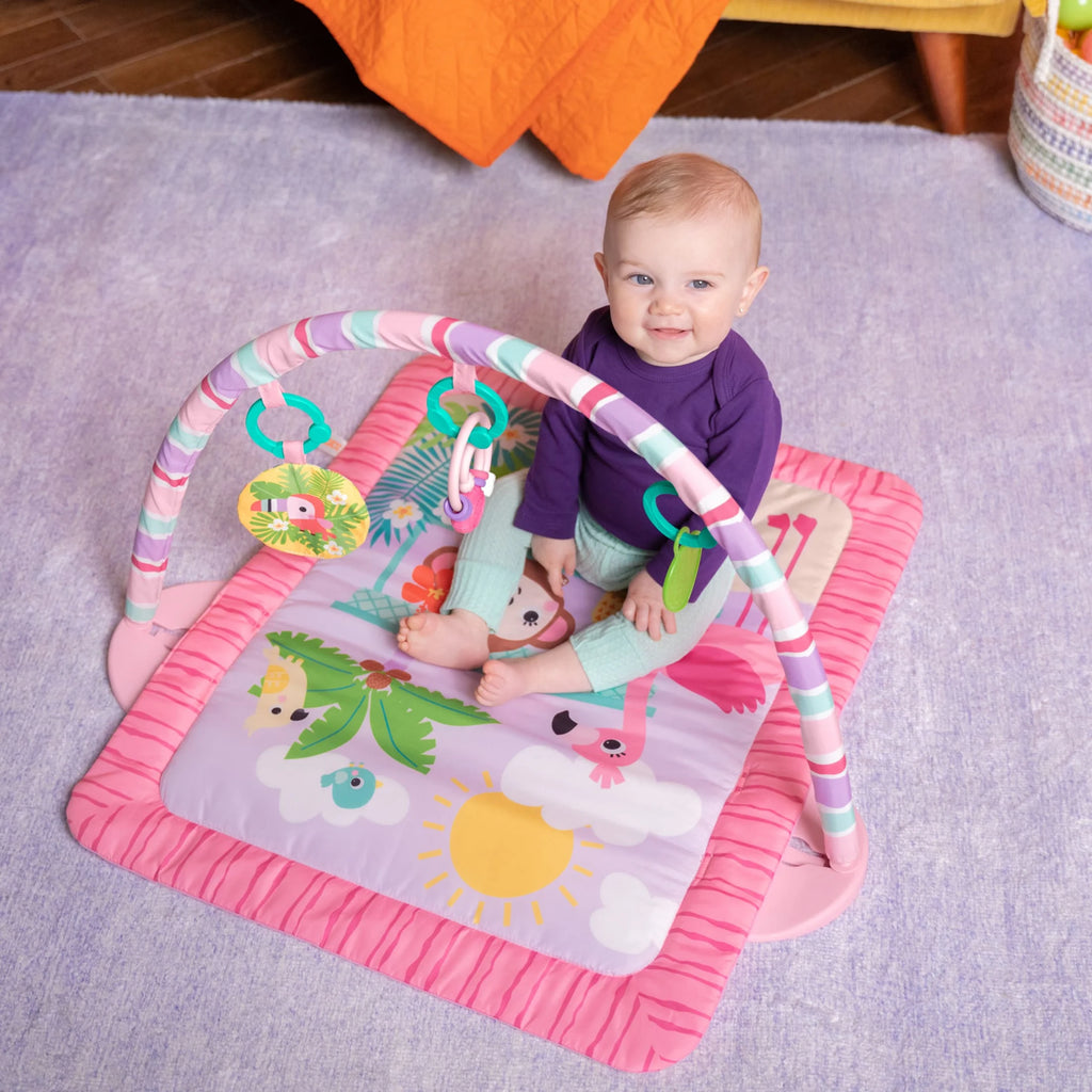 Pink Palms Tiki Toy Bar Baby Activity Gym & Tummy Time Mat with Toy Bar and 3 Toys, Newborn to 3 Years