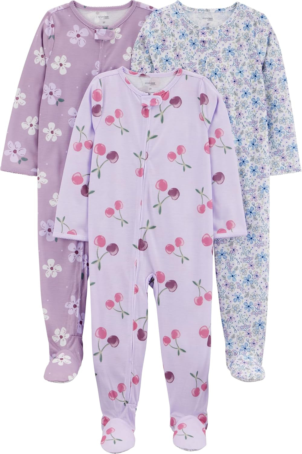 Baby and Toddler Girls' 3 Pack Loose Fit Polyester Jersey Footed Pajamas