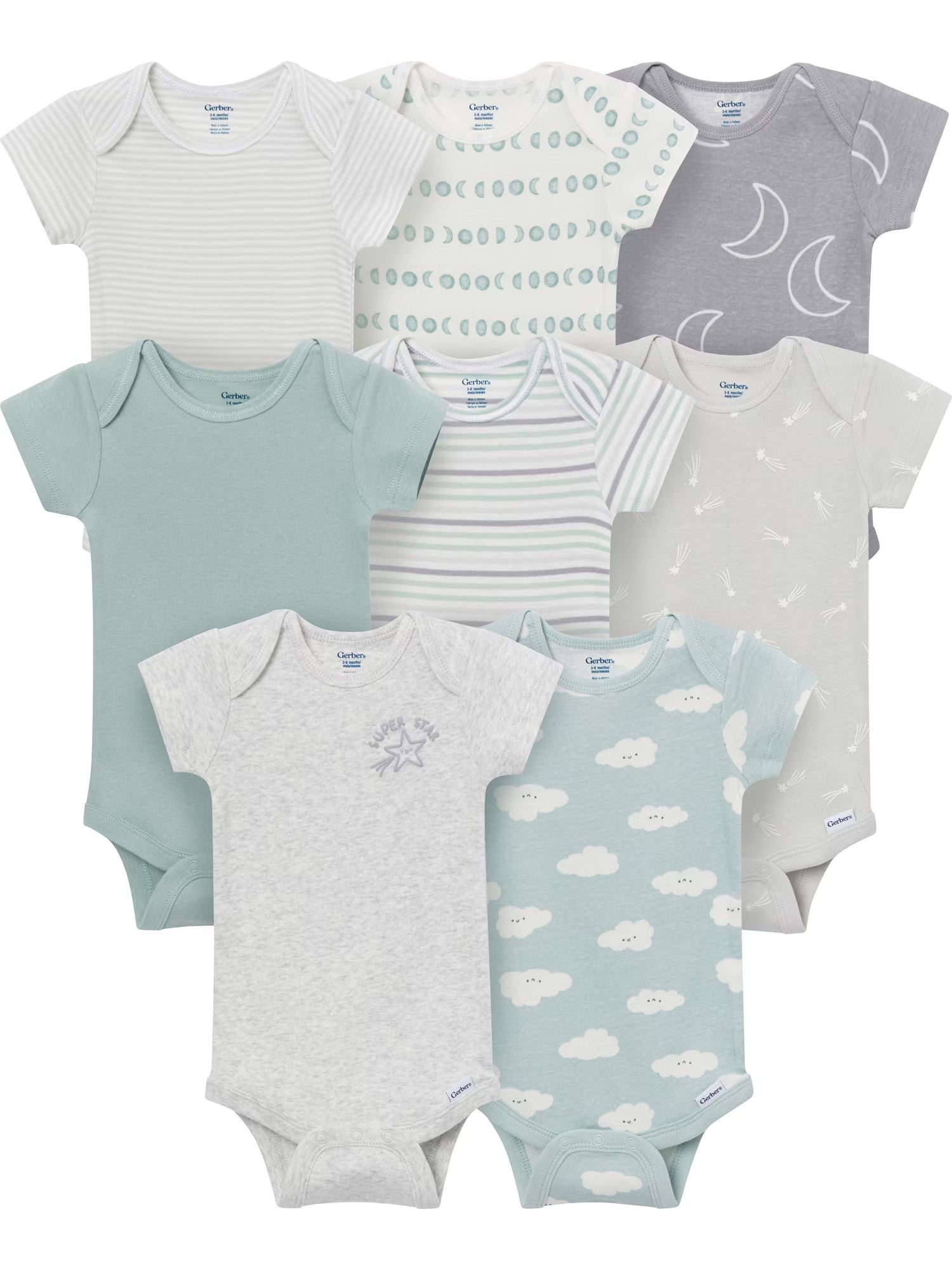 Baby Neutral Short Sleeve Onesies, 8-Pack, Sizes 0/3 Newborn - 12 Months