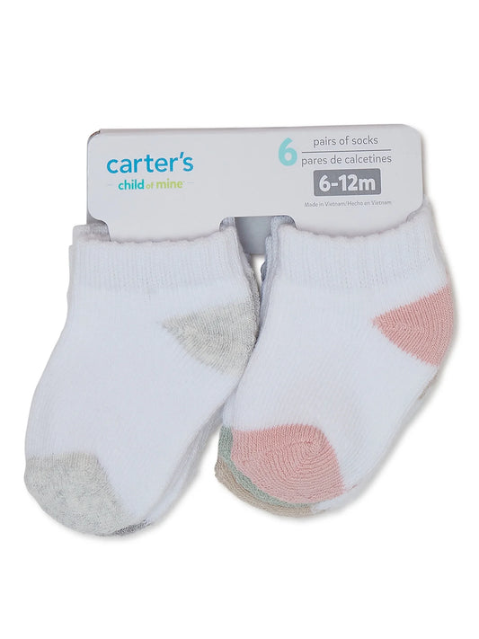 , Infant Baby Girl Terry Lowcut Socks, 6 Pack, Sizes 0-12 Months