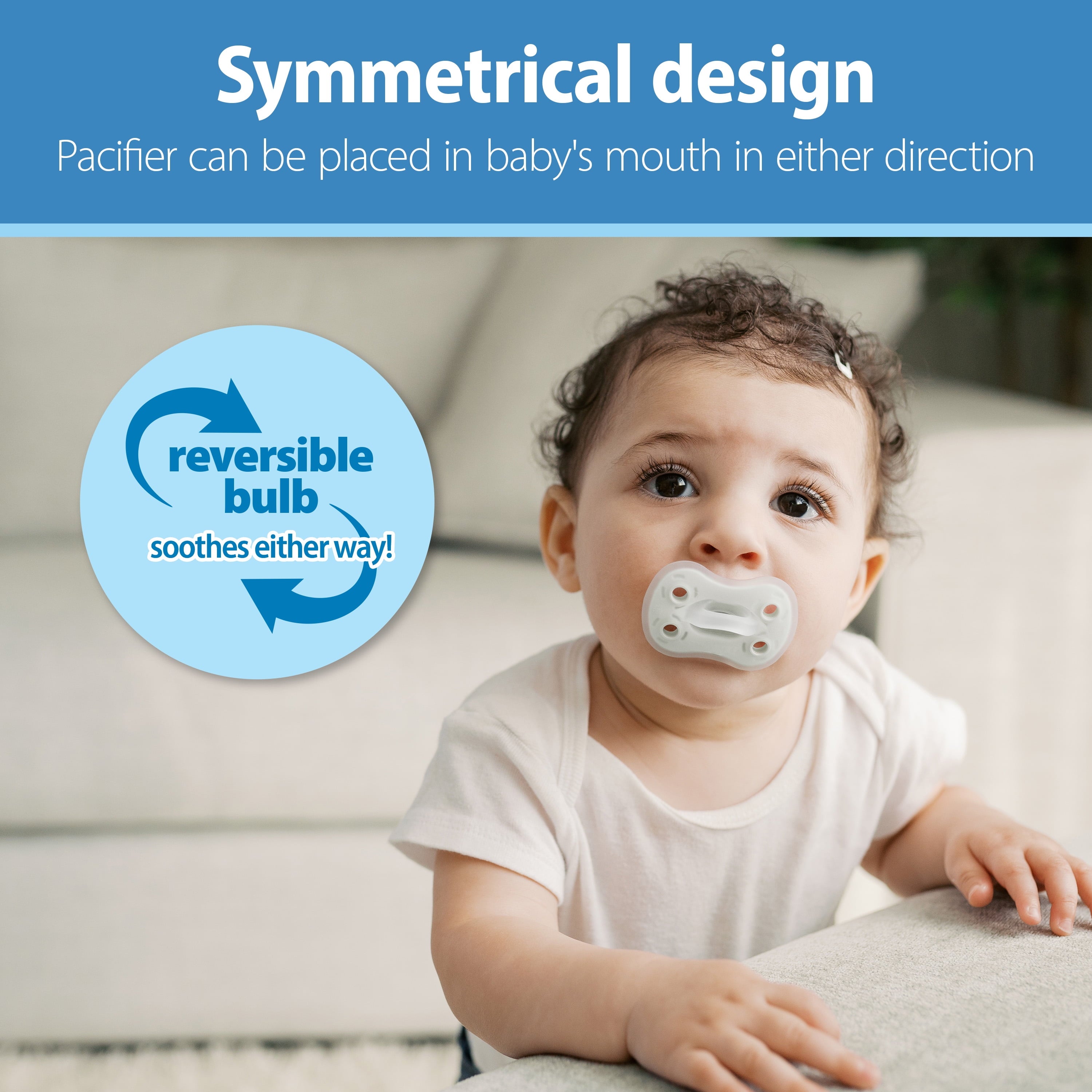 Advantage One-Piece Silicone Baby Pacifier, Fully Symmetrical, Neutral, 0-6M, 3 Pack
