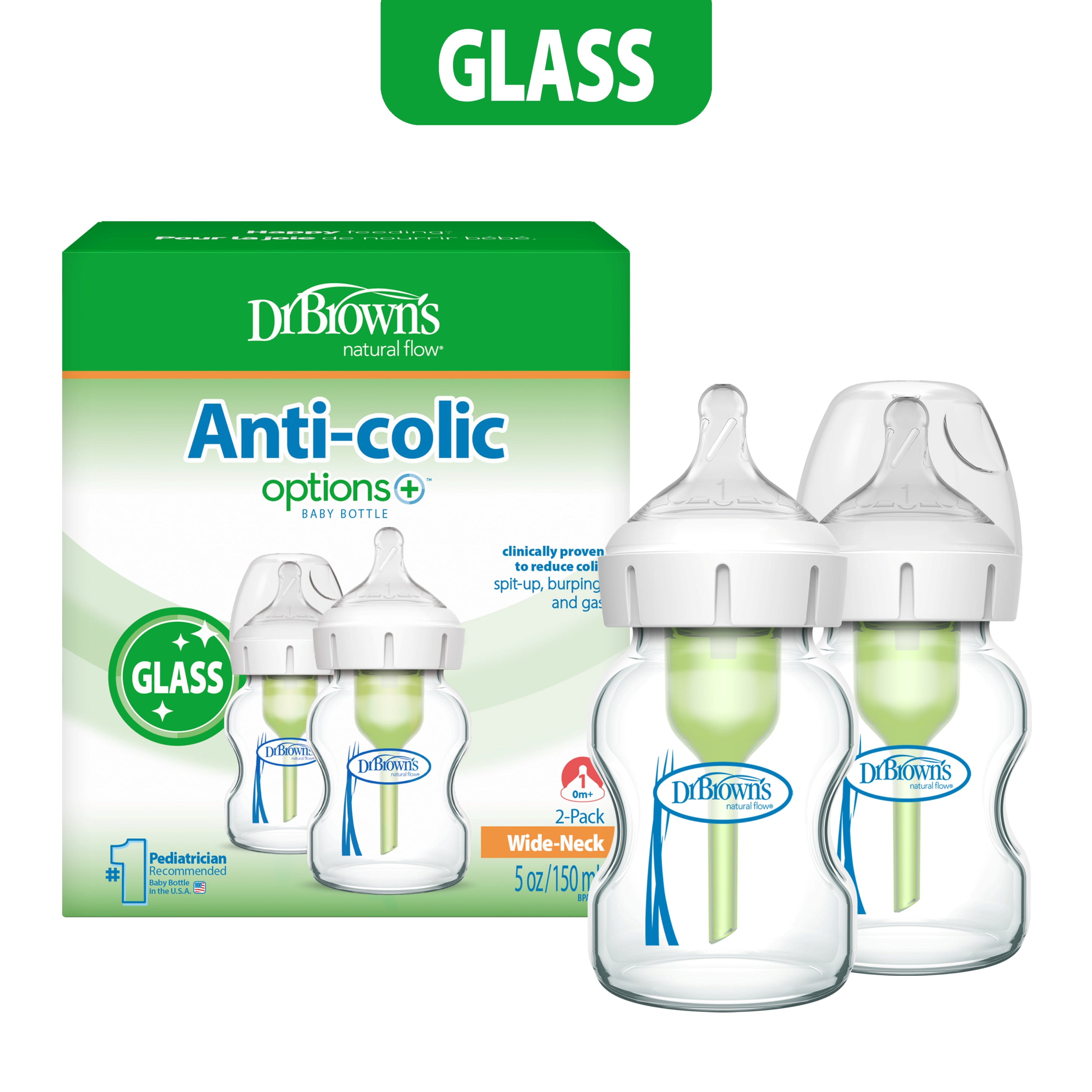 Anti-Colic Options+ Wide-Neck Glass Baby Bottle, 5Oz, Slow Flow Nipple, BPA Free, 0M+, 2-Pack