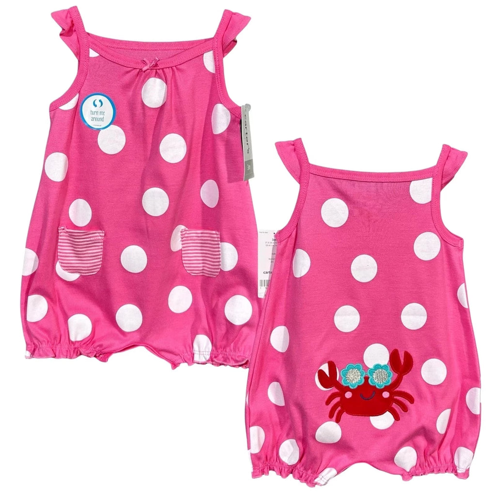 Baby Girls Cotton Romper One-Piece Outfit Size 6M Pink Polka Dot Crab