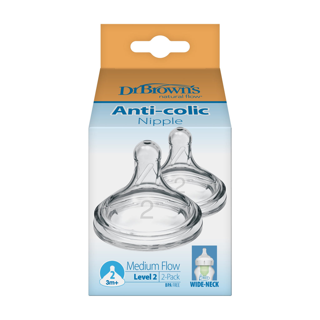 Natural Flow Level 2, Wide-Neck Baby Bottle Nipple, Medium Flow, 3M+, 100% Silicone, 2 Pack