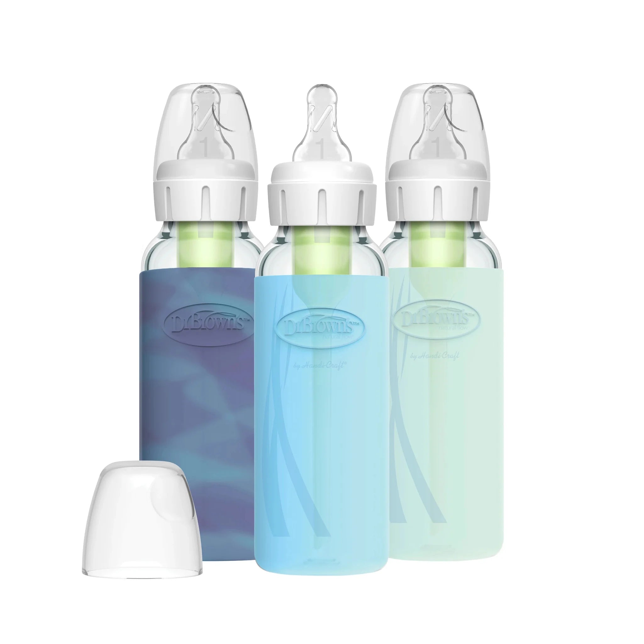 Natural Flow Anti-Colic Options+ Narrow Glass Baby Bottle, 8Oz, Blue/Glow Sleeves, 3 Pack