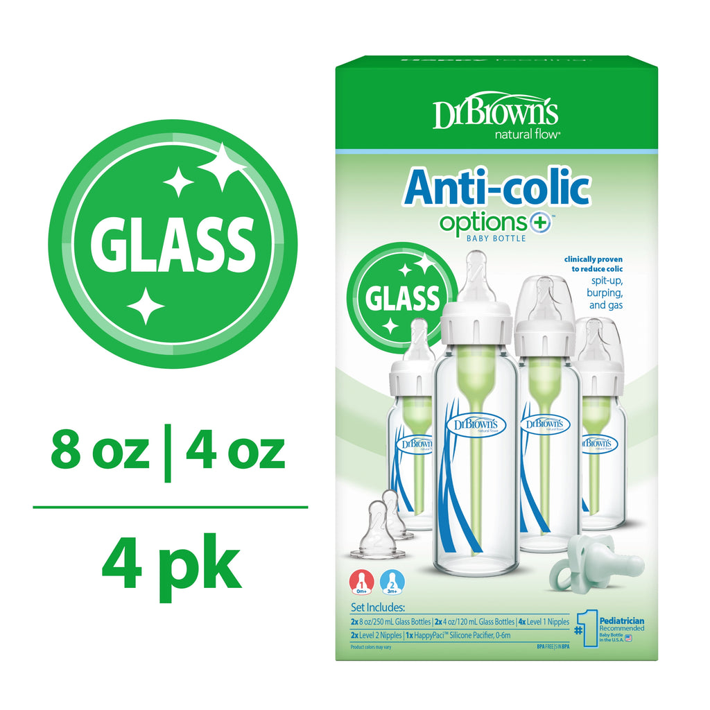 Anti-Colic Options+ Narrow Glass Bottle Starter Set, 4 Oz / 8 Oz Bottles, Level 1 and 2 Nipples, and Happypaci Pacifier