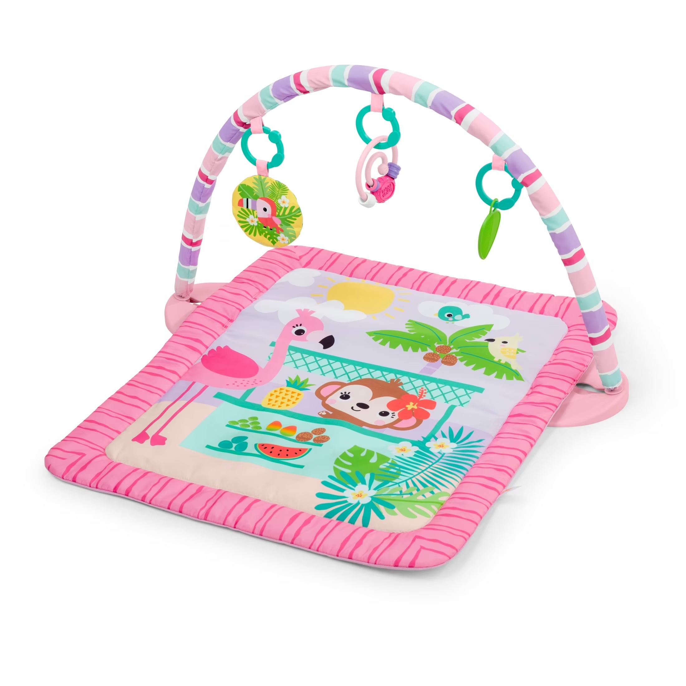 Pink Palms Tiki Toy Bar Baby Activity Gym & Tummy Time Mat with Toy Bar and 3 Toys, Newborn to 3 Years